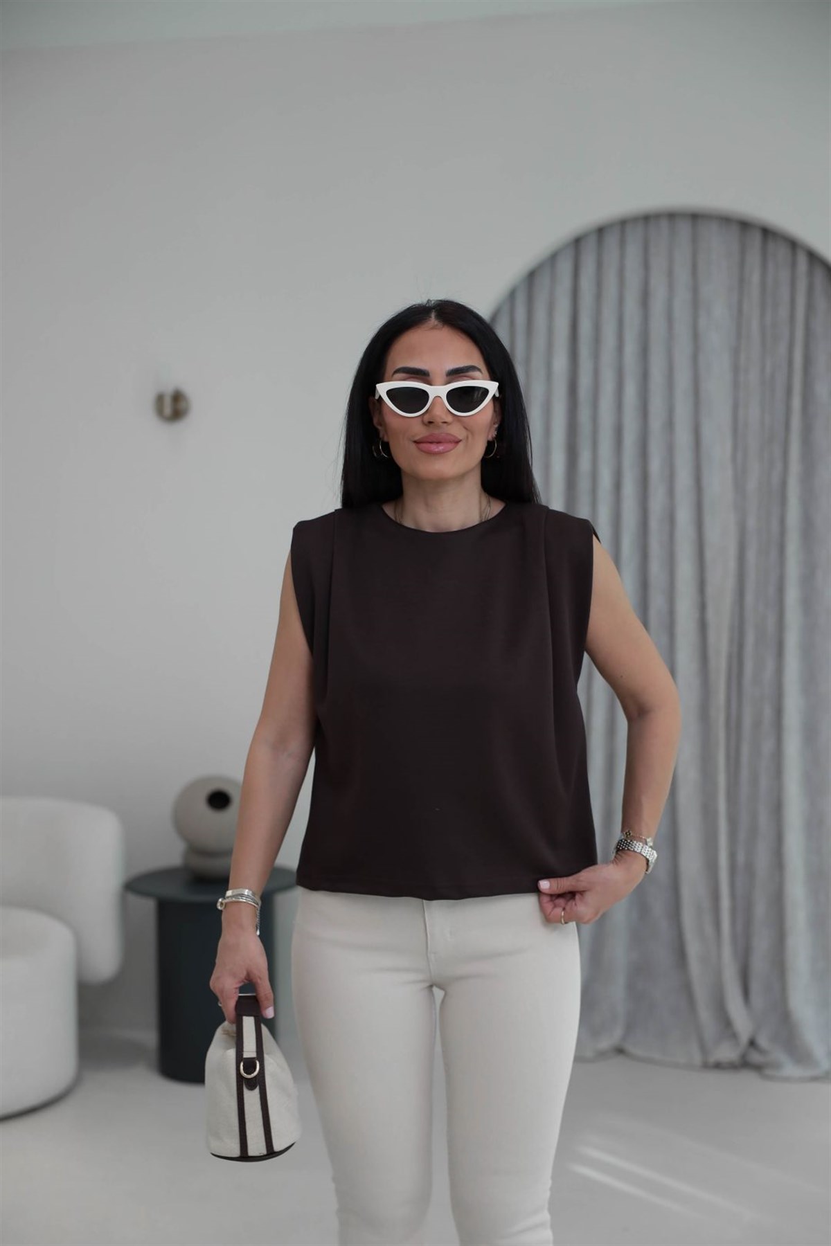 1376 Bisiklet Yaka Omzu Pileli Bluz ACI KAHVE