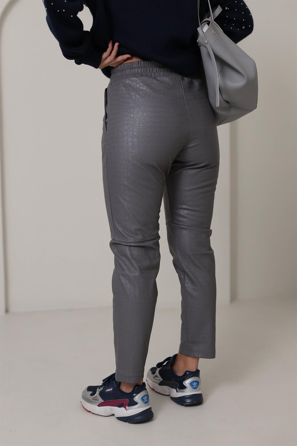 3410 Krokodil Parçalı Deri Pantolon