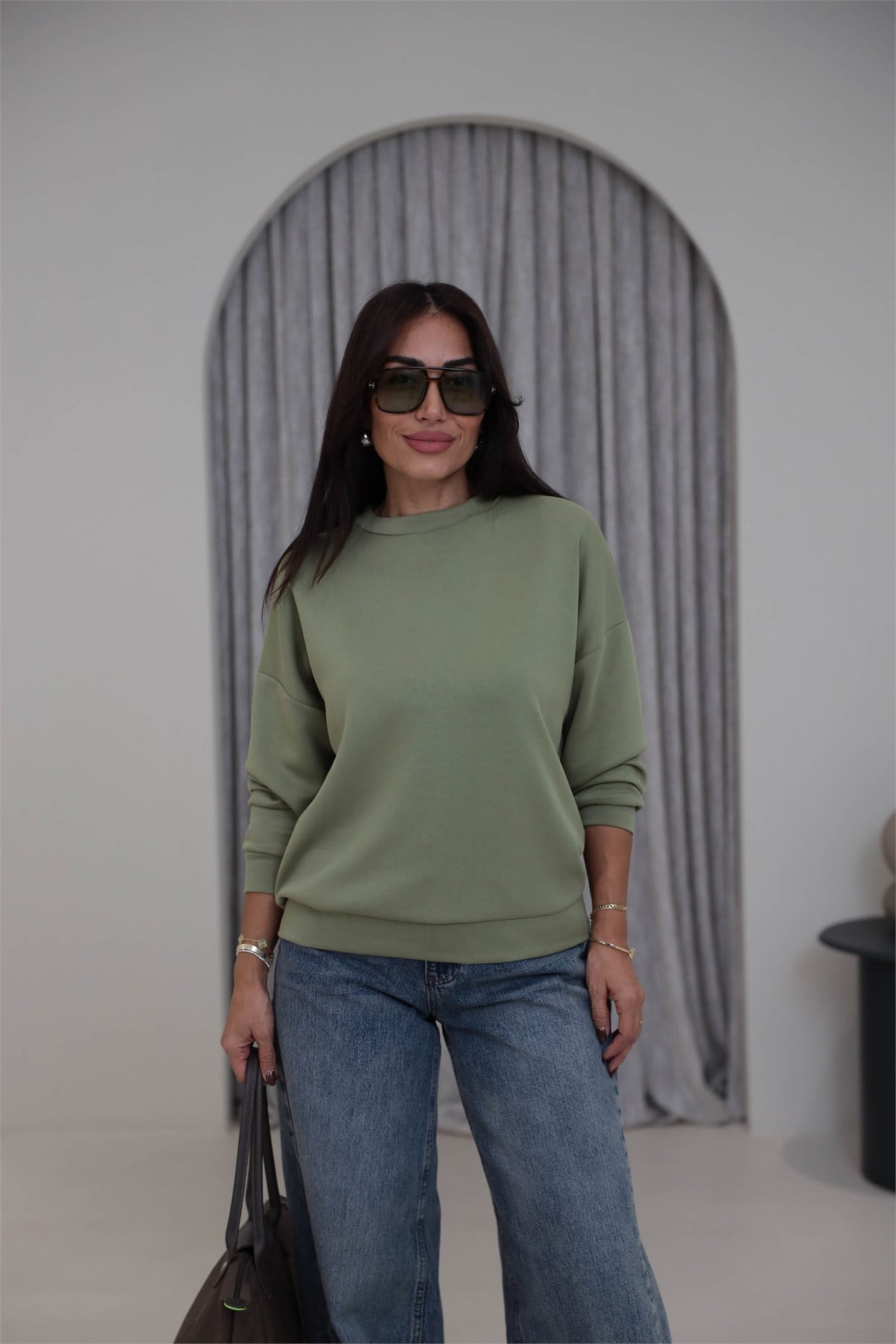 Yumuşak Modal Kumaş Sweatshirt HAKİ YEŞİL