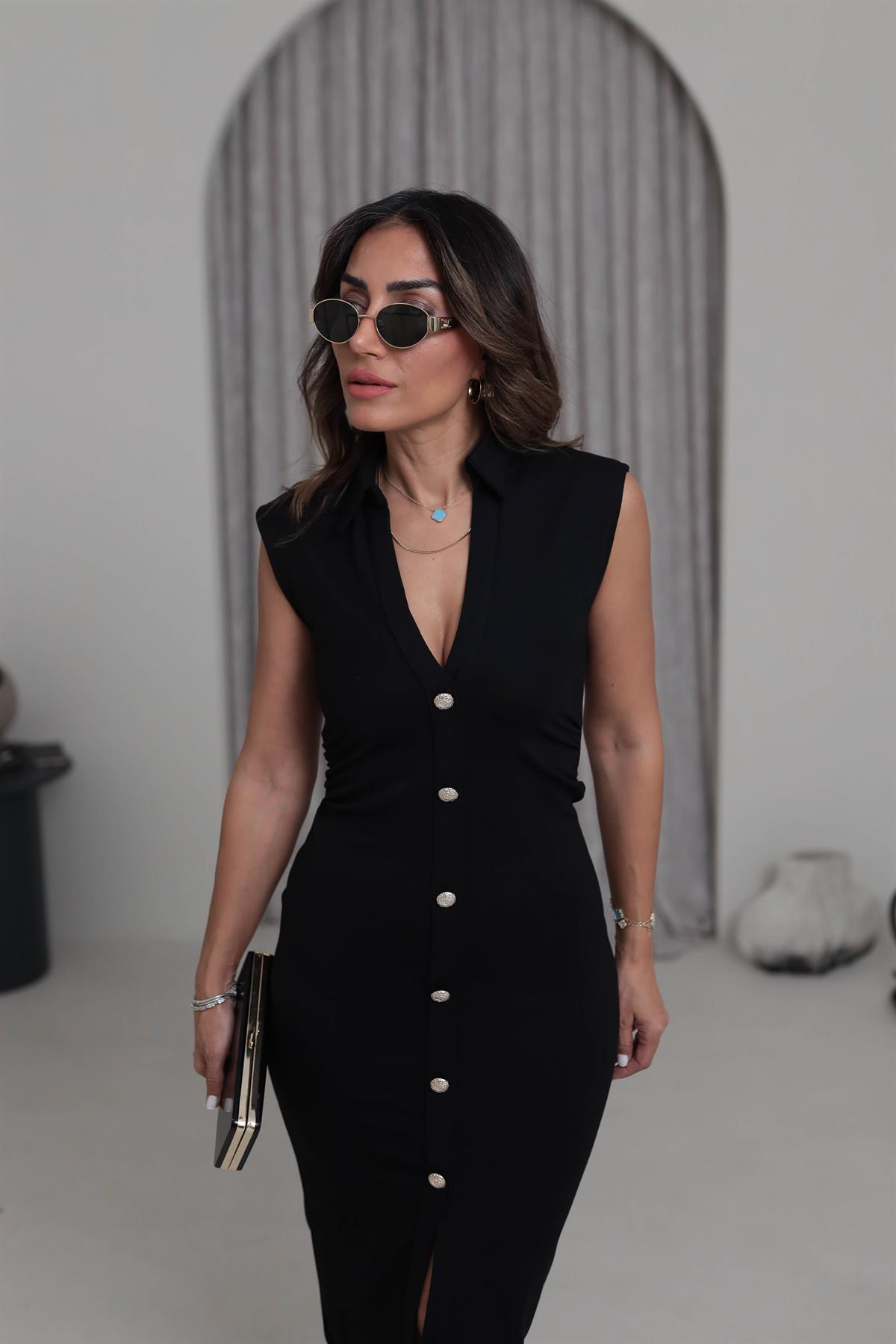 6792 Polo Yaka Gold Düğmeli Drapeli Çelik Örme Elbise SİYAH