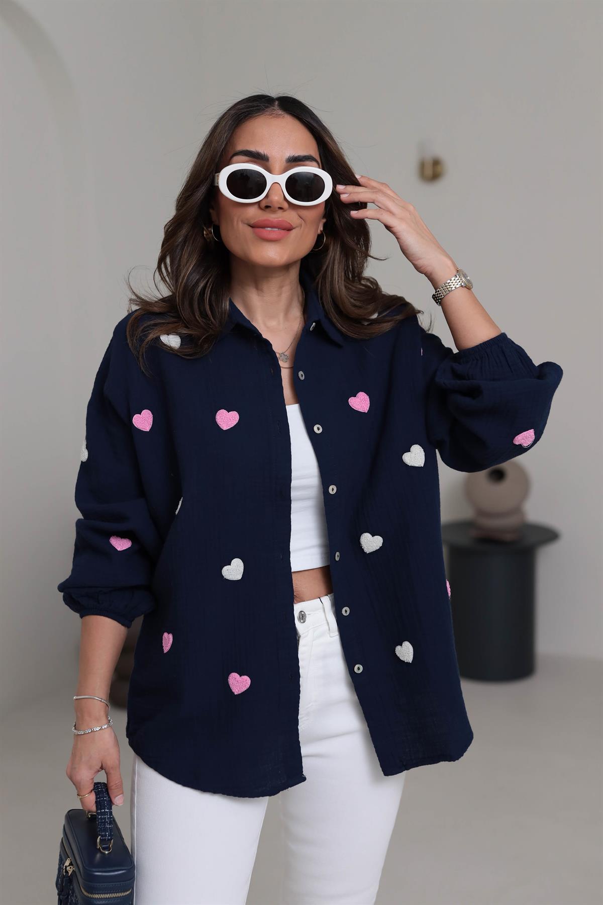 7930 Kalpli Kol Lastikli Müslin Kumaş Gömlek LACİVERT