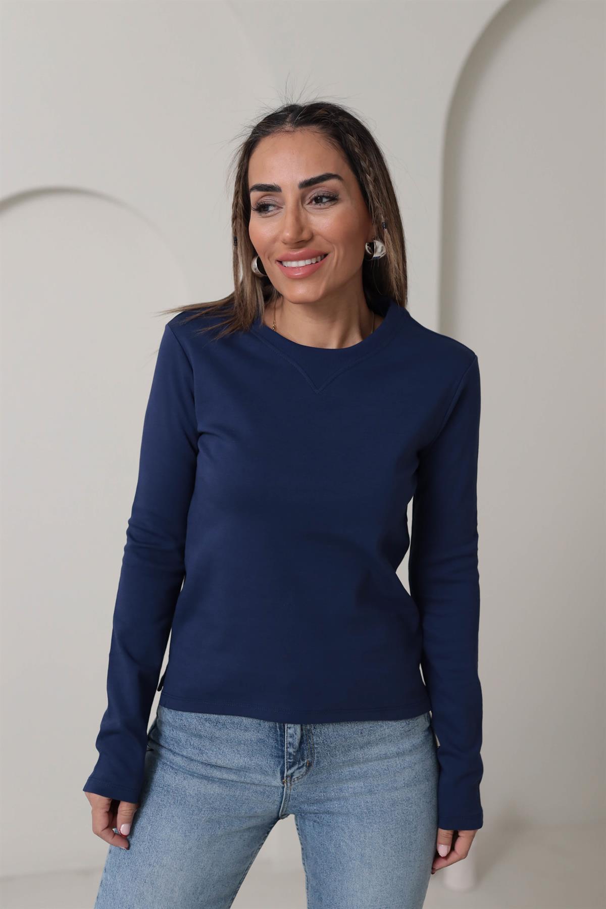 6364 Yaka Ribana Dikişli Uzun Kol Bluz LACİVERT