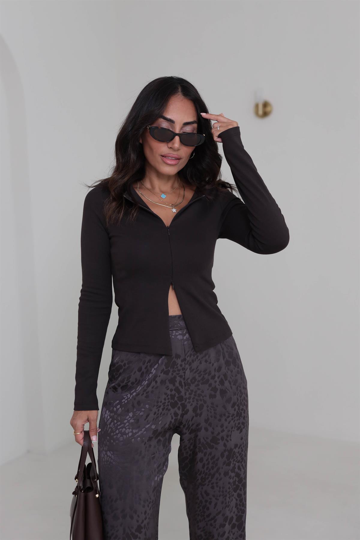 1993 Fermuar Detaylı Uzun Kollu Bluz ACI KAHVE