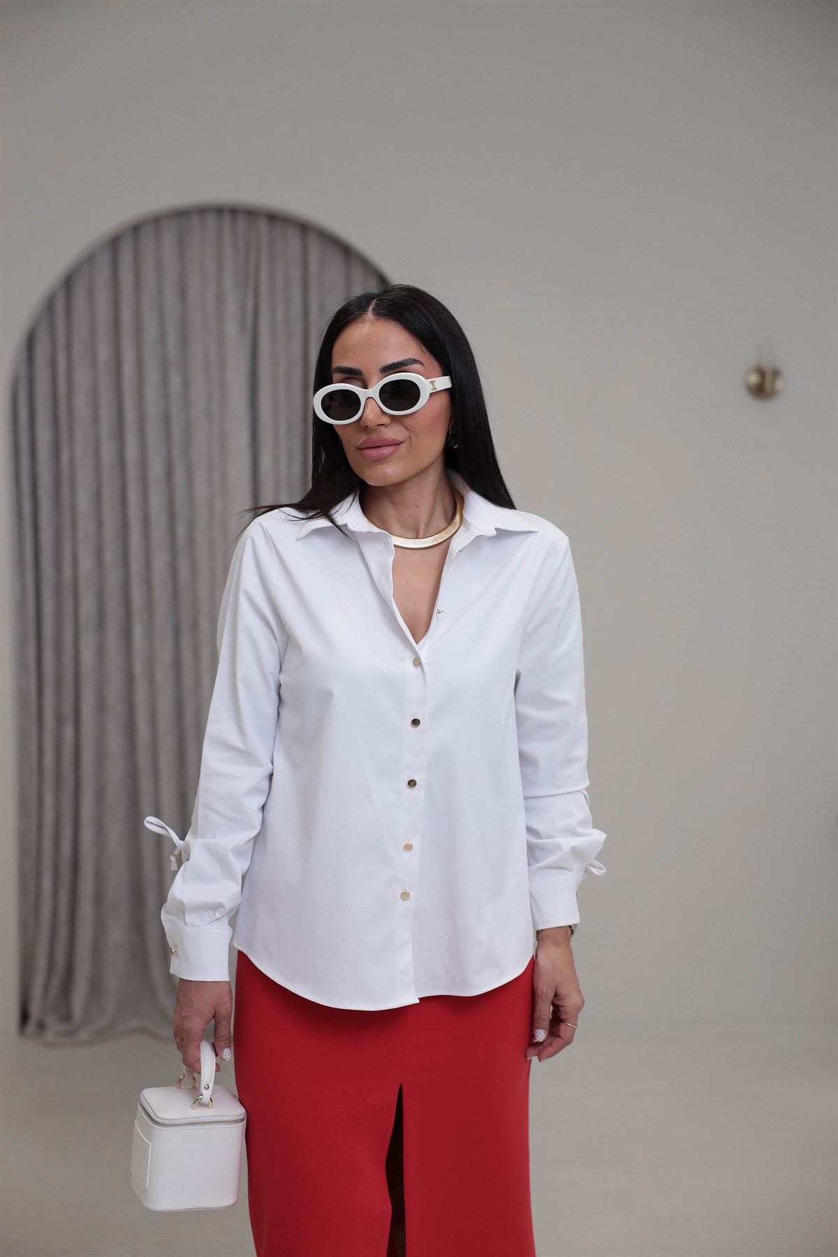 7543 Gold Düğme Detaylı Gömlek BEYAZ