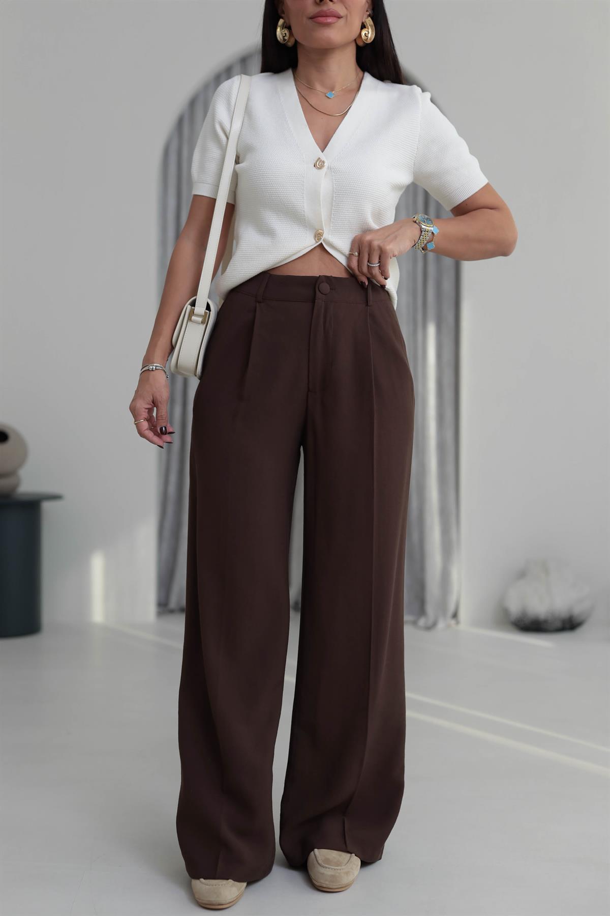 7576 Pileli Bol Paça Pantolon KAHVE