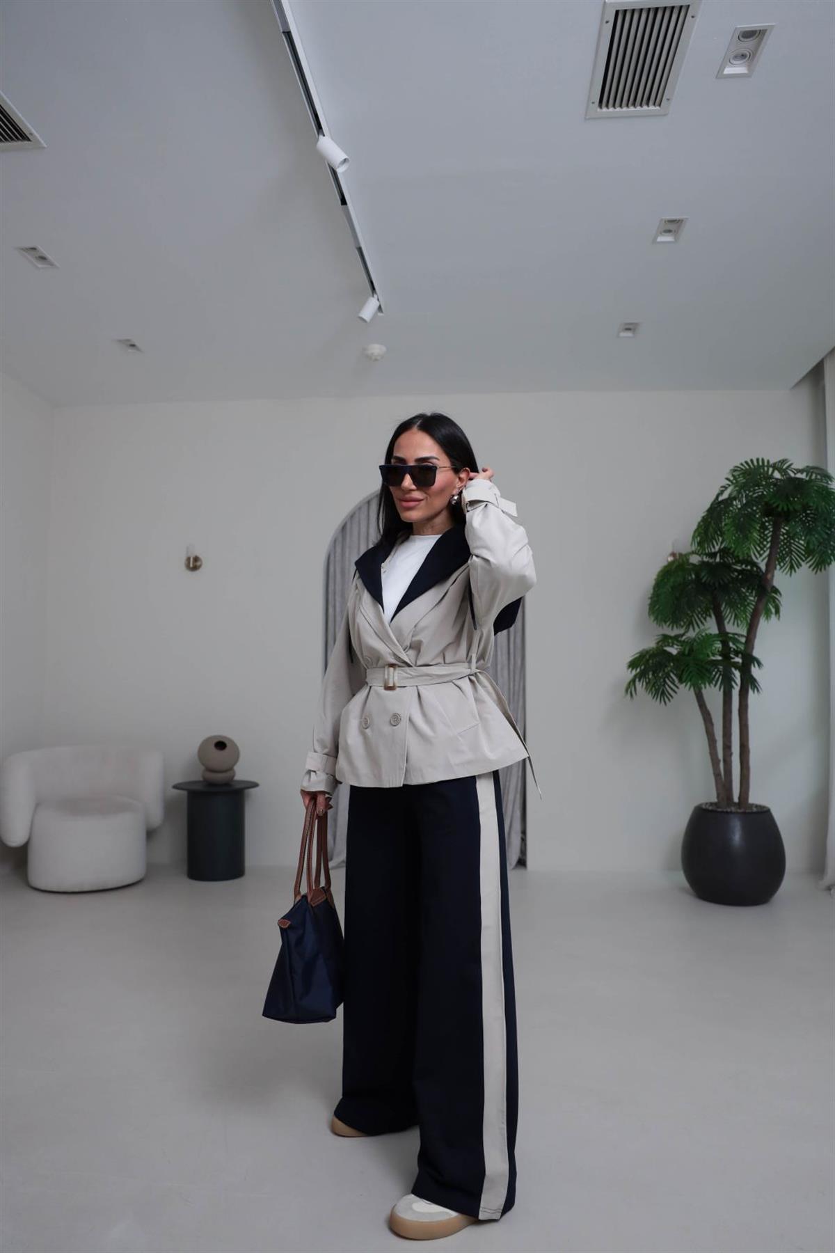 6984 Çıkarılabilir Kapşonlu Trençli Eşofman Takımı BEJ