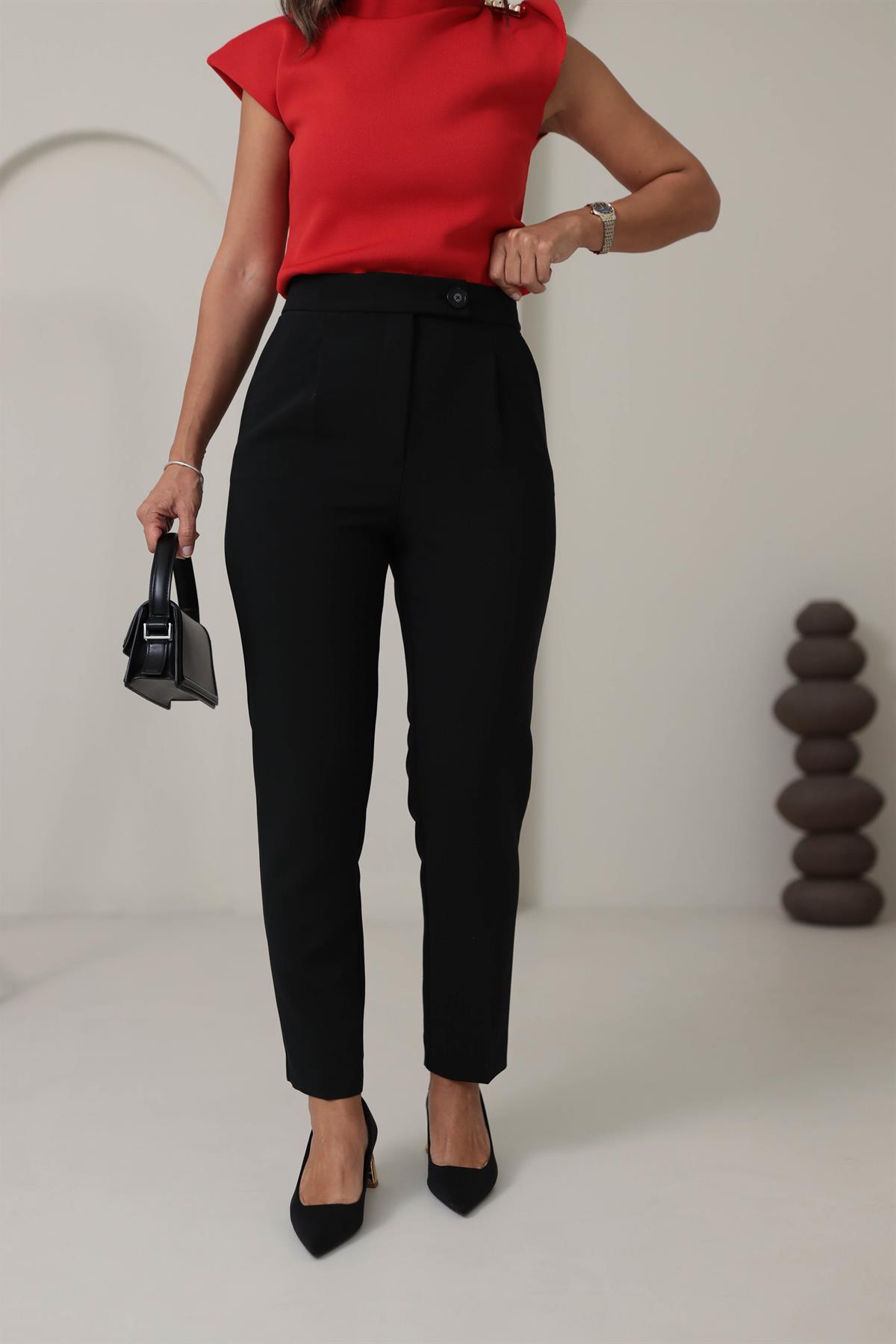 1549 Bel Düğme Detaylı Yüksek Bel Havuç Pantolon SİYAH