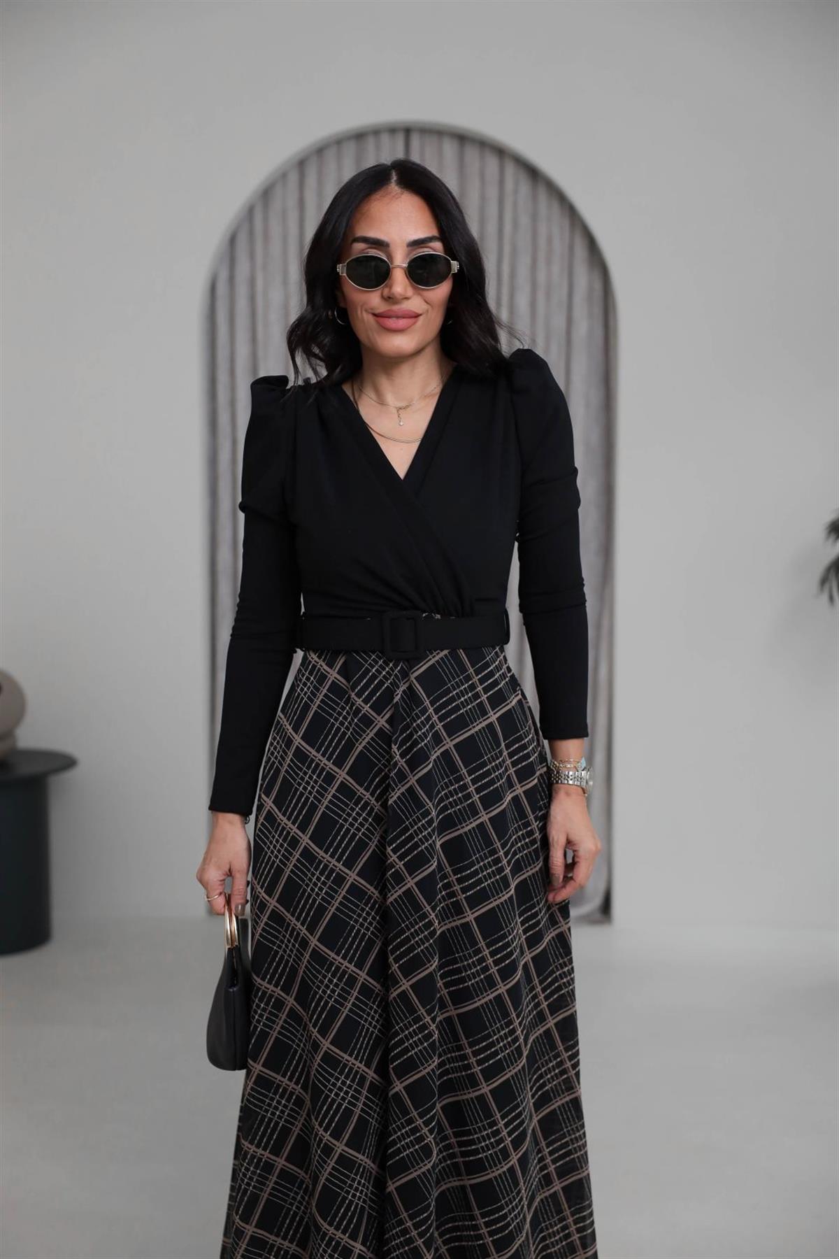 3860 Kruvaze Yaka Kemerli Maxi Elbise SİYAH