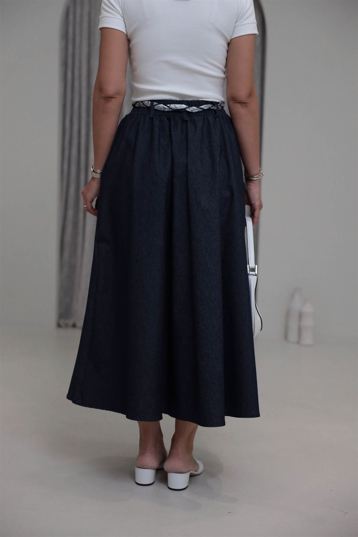 1813 Fular Kemerli Denim Kloş Etek LACİVERT