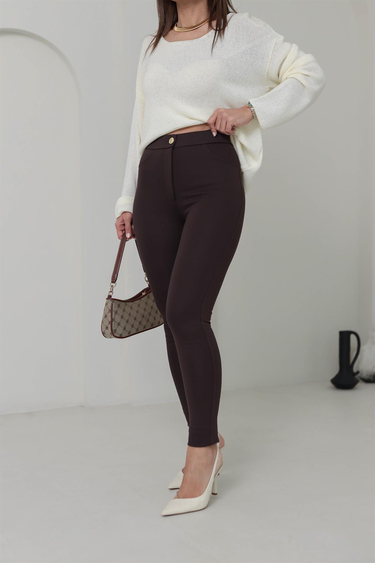5121 Gold Düğme Detaylı Tayt Pantolon KAHVE