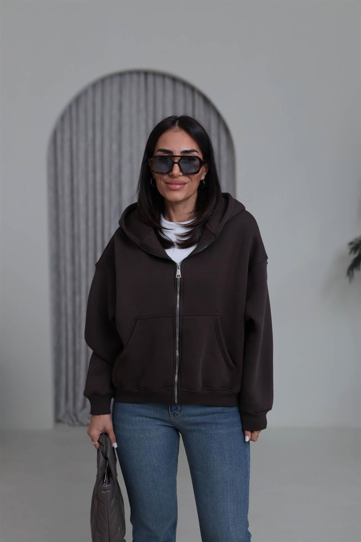 0822 Kapüşonlu Fermuarlı Şardonlu Sweatshirt ACI KAHVE