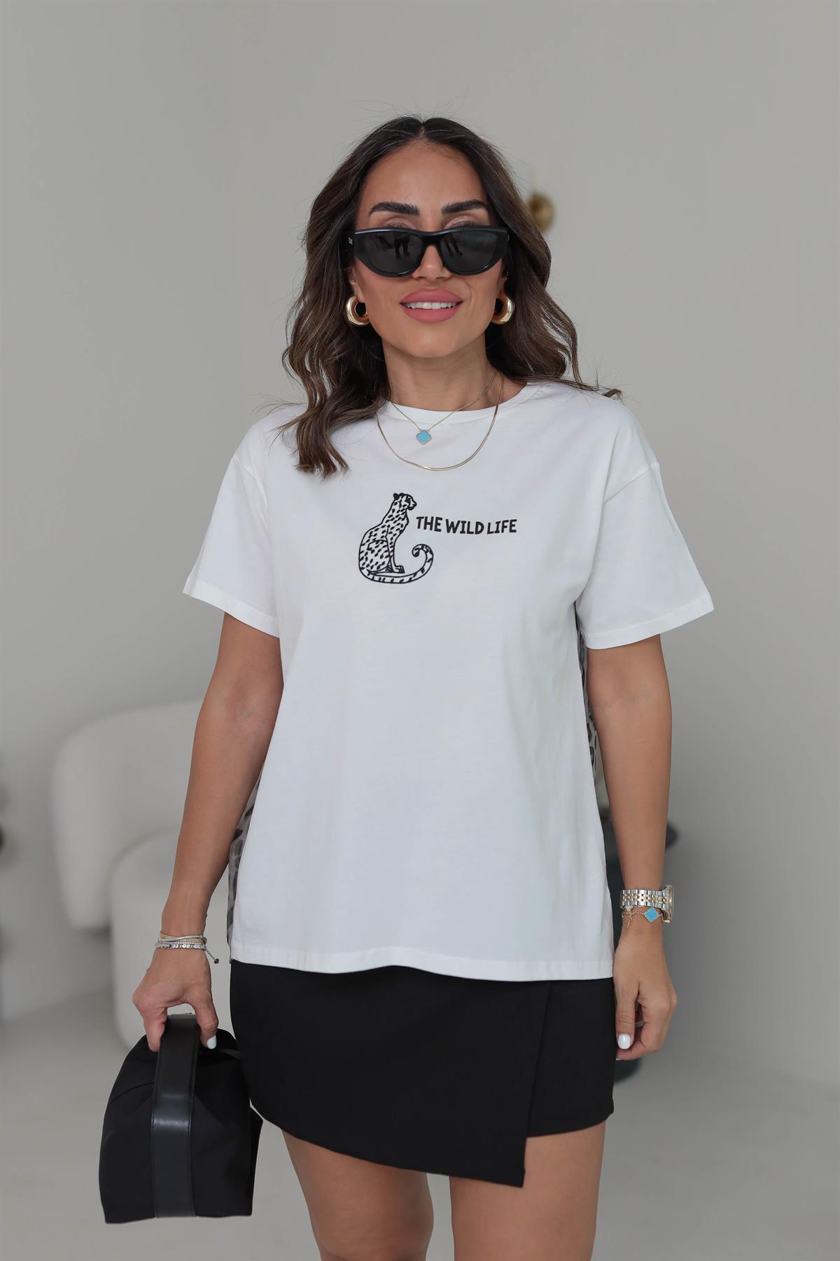 0161 Arka Asimetrik Leopar Organze Kaplan Nakışlı Tshirt EKRU