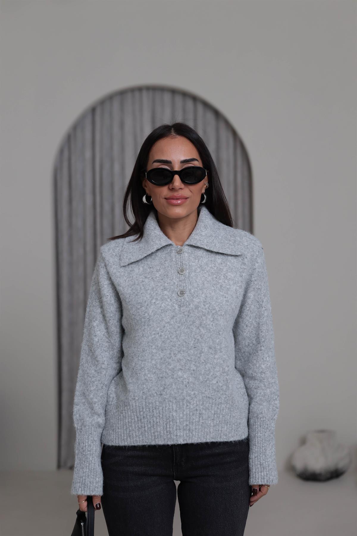 5069 Gömlek Yaka Yarım Düğmeli Kazak GRİ