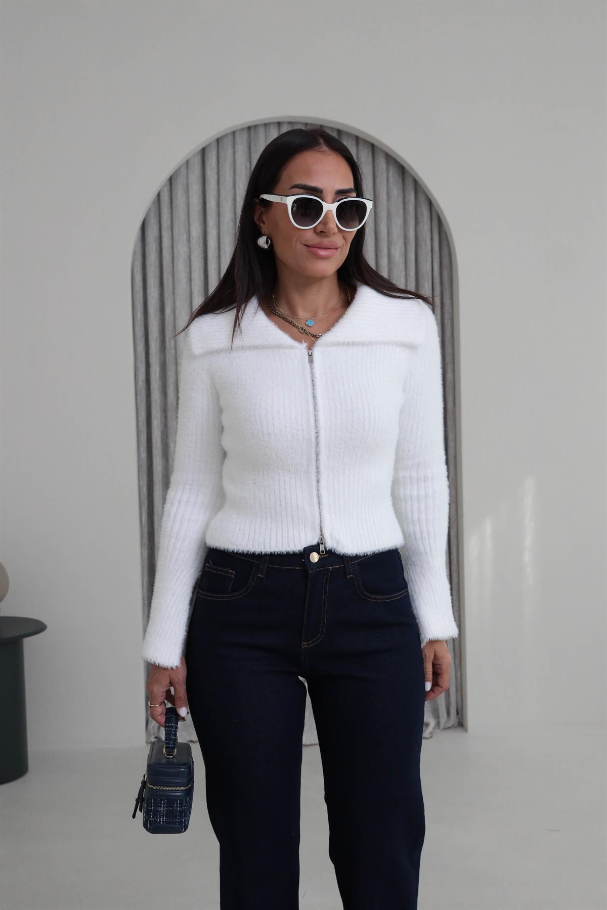 4952 Çift Fermuarlı Kol Yırtmaçlı Triko Hırka Bluz EKRU