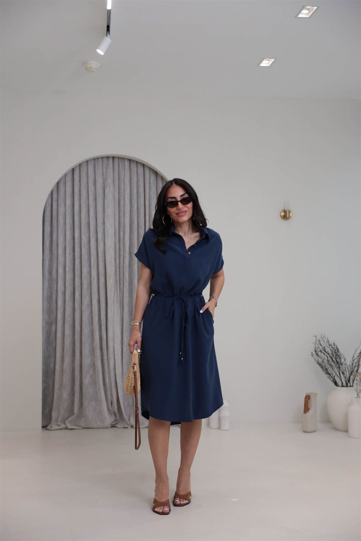 7541 Polo Yaka Tencel Kumaş Elbise LACİVERT