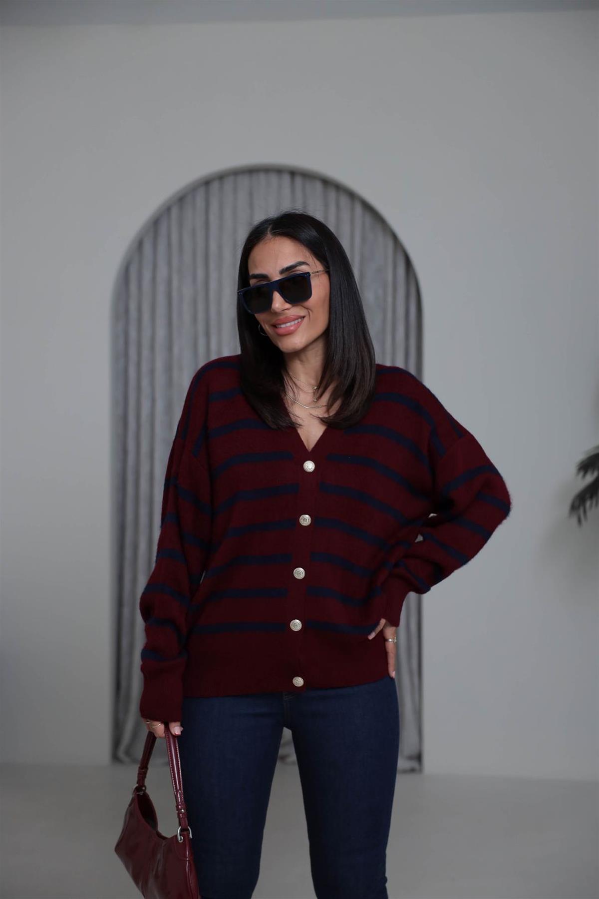 2462 Gold Düğmeli Çizgili V Yaka Triko Hırka BORDO-LACİ