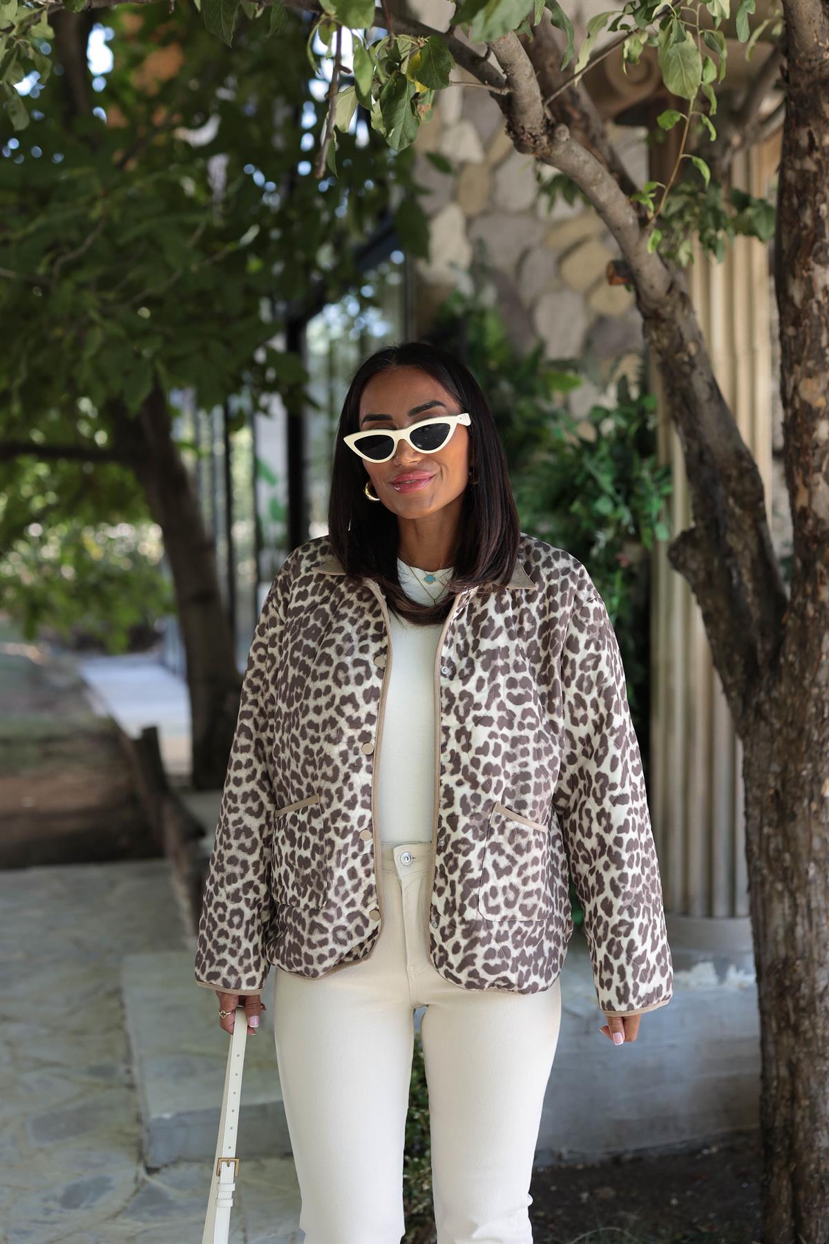 1016 Kapitone Cep Detaylı Çıtçıtlı Ceket LEOPAR