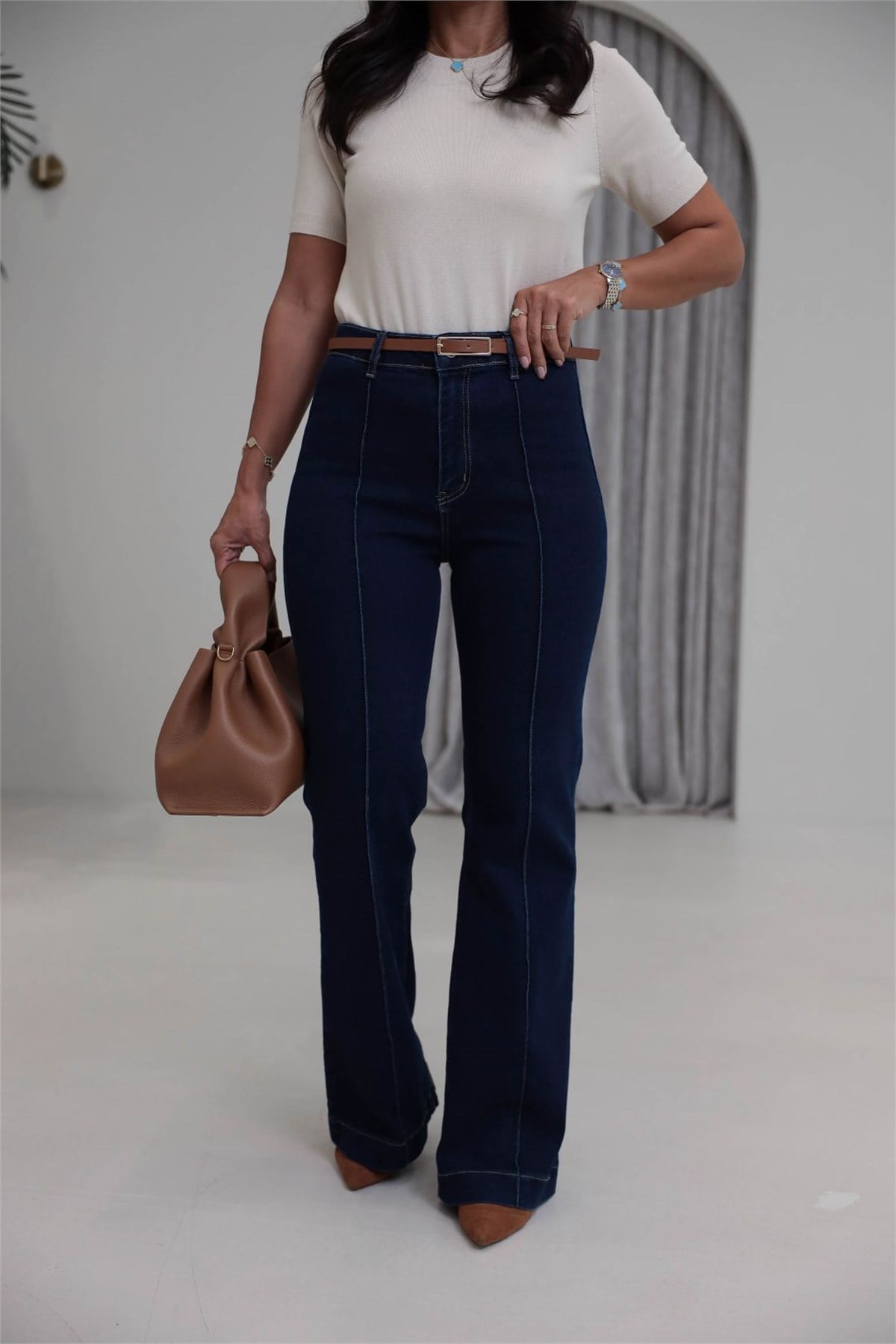 2628 Kemerli Önü Çimalı Denim Pantolon KOYU MAVİ