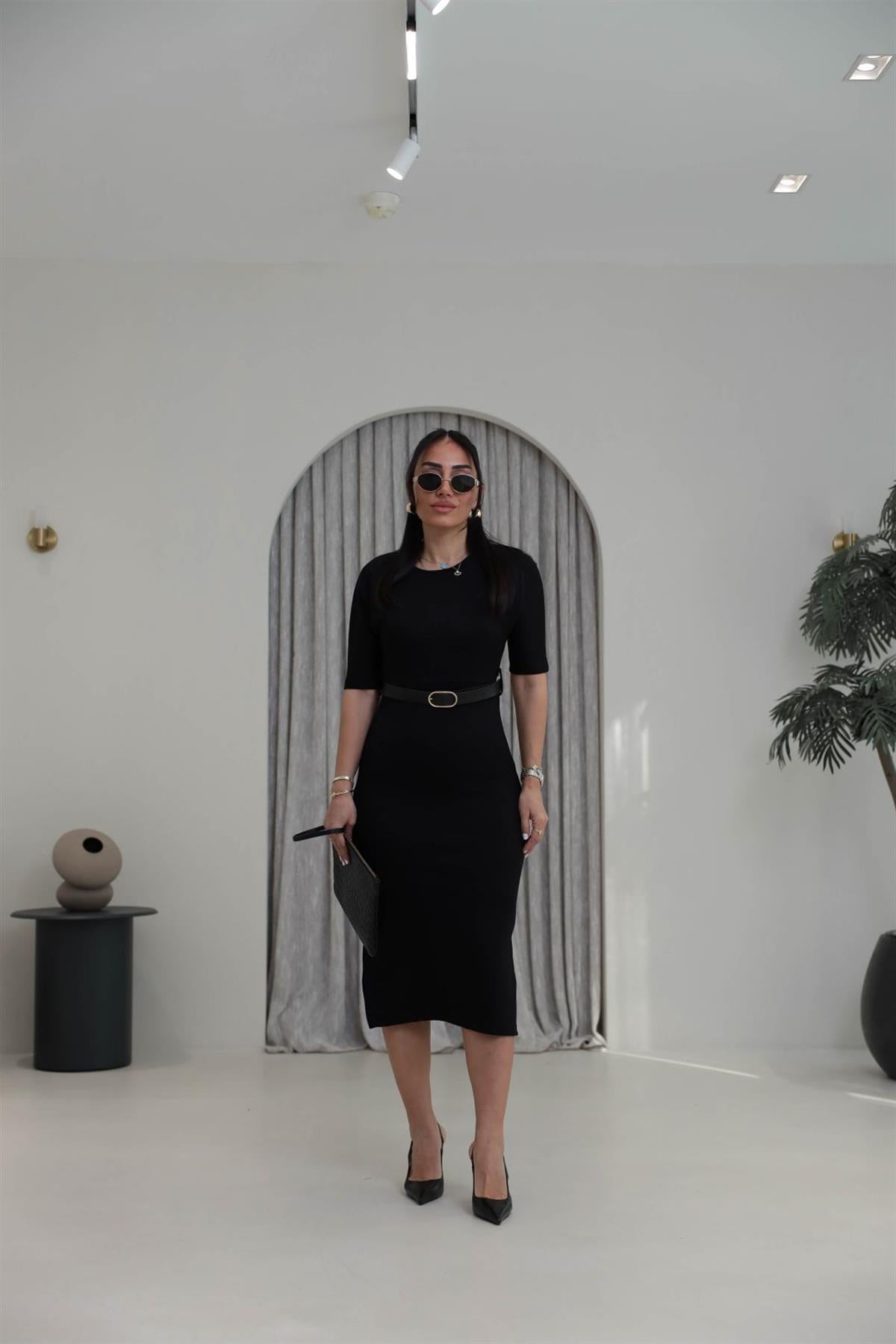 1484 Kemerli Modal Elbise SİYAH