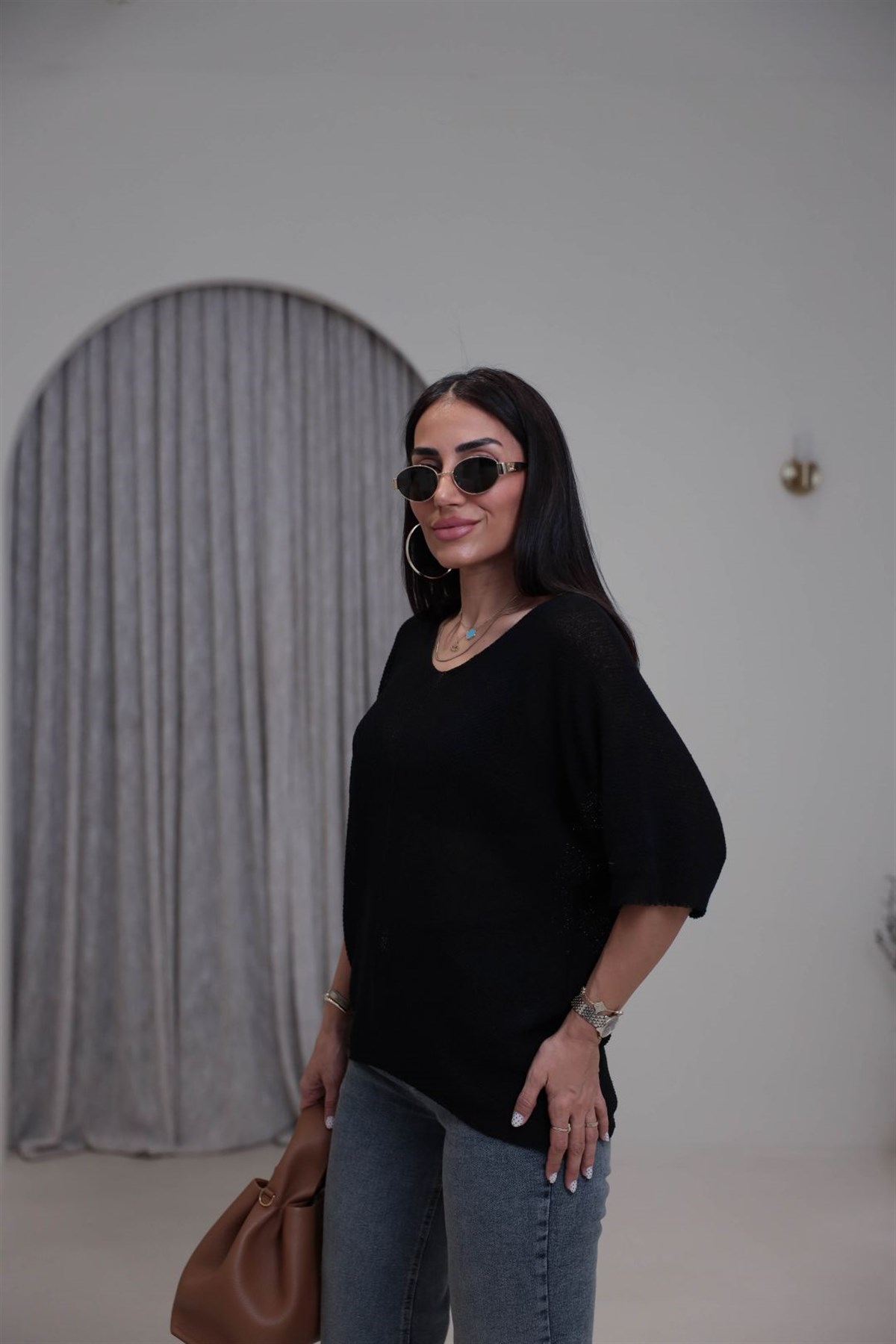 0174 Ajurlu Yarasa Kol Bluz SİYAH