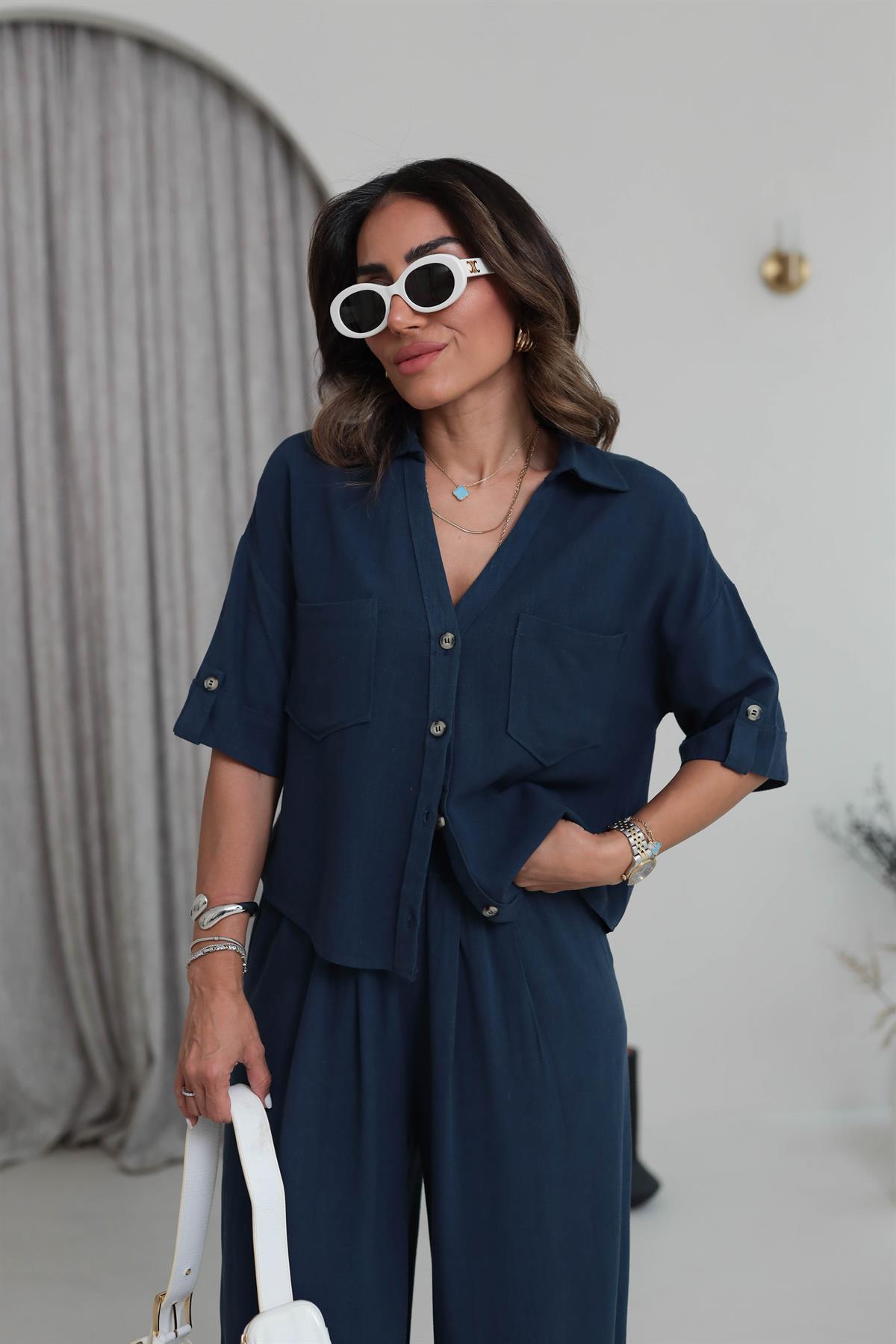 0451 Dökümlü Pamuklu V Yaka Gömlek Pantolon Takım LACİVERT