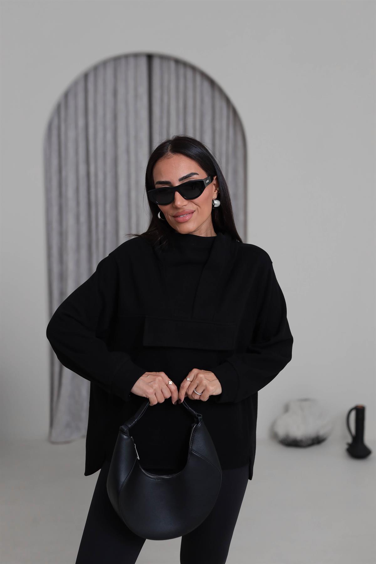 1750 Yaka Detay Selanik Kapşonlu Sweatshirt SİYAH