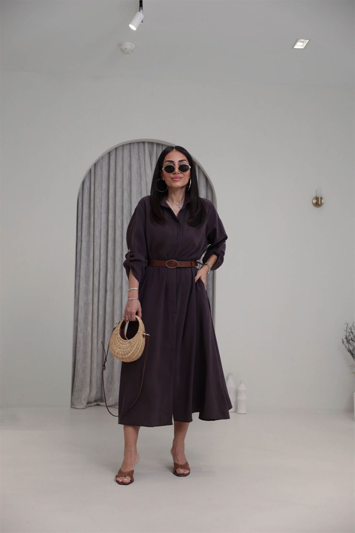 3270 Kemer Detaylı Tencel Kumaş Gömlek Elbise MÜRDÜM