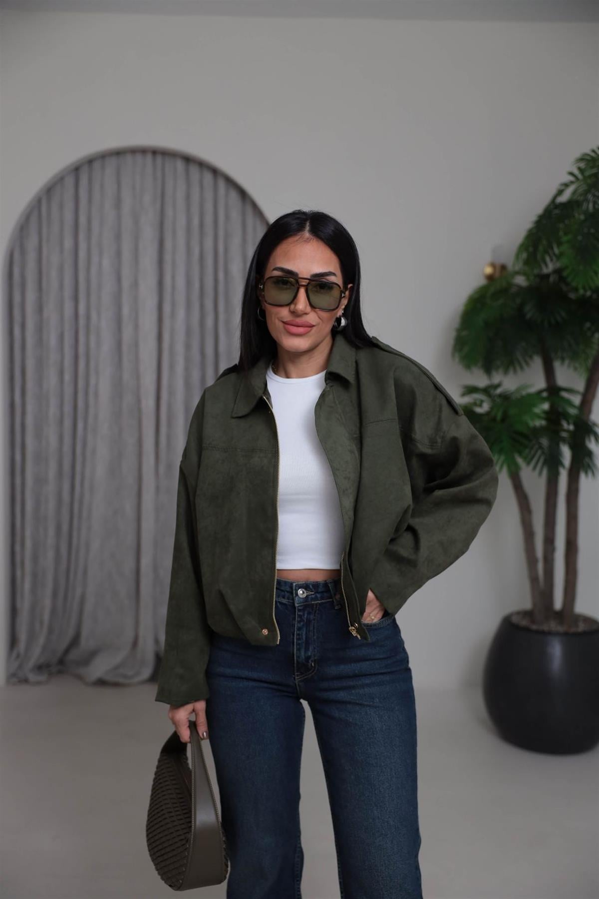 0493 Gömlek Yaka Apoletli Süet Bomber HAKİ YEŞİL