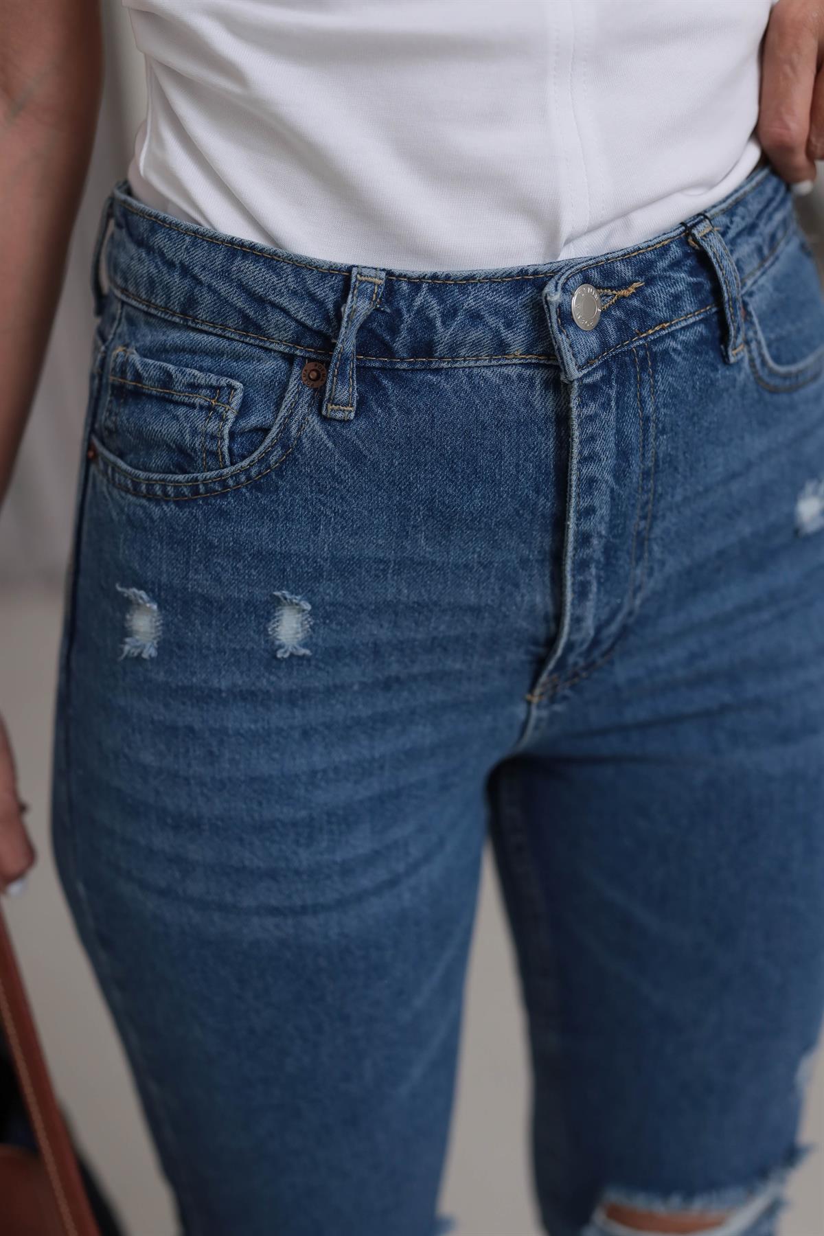 4062 Yüksek Bel Yırtıklı Mom Jean KOYU MAVİ