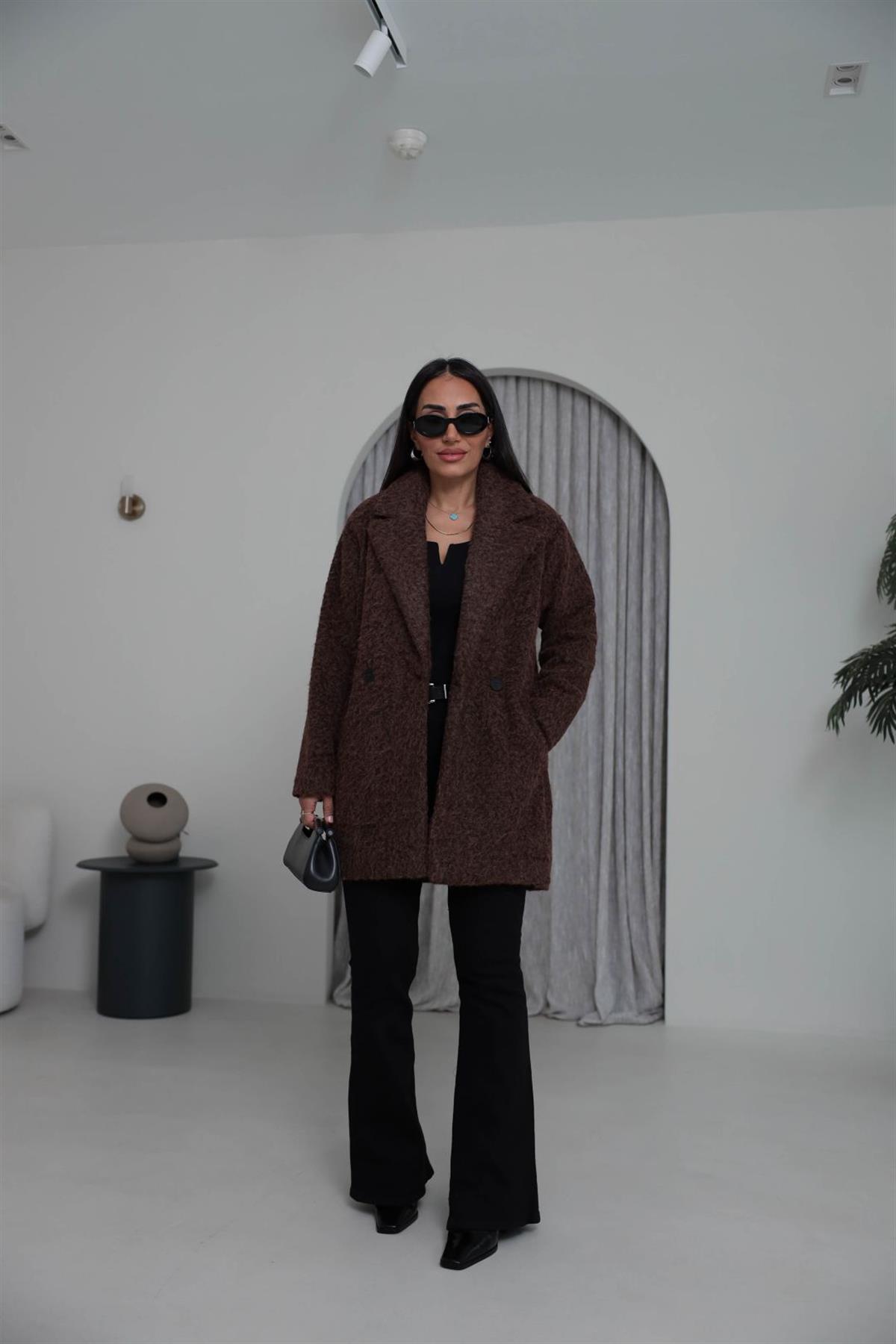 9699 Çift Düğmeli Buklet Kaban KAHVE