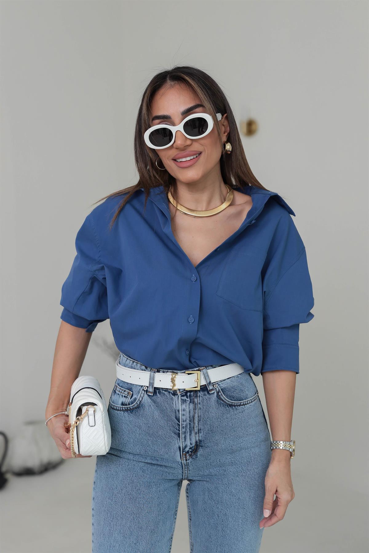 7000 Yarasa Kol Gömlek Indigo