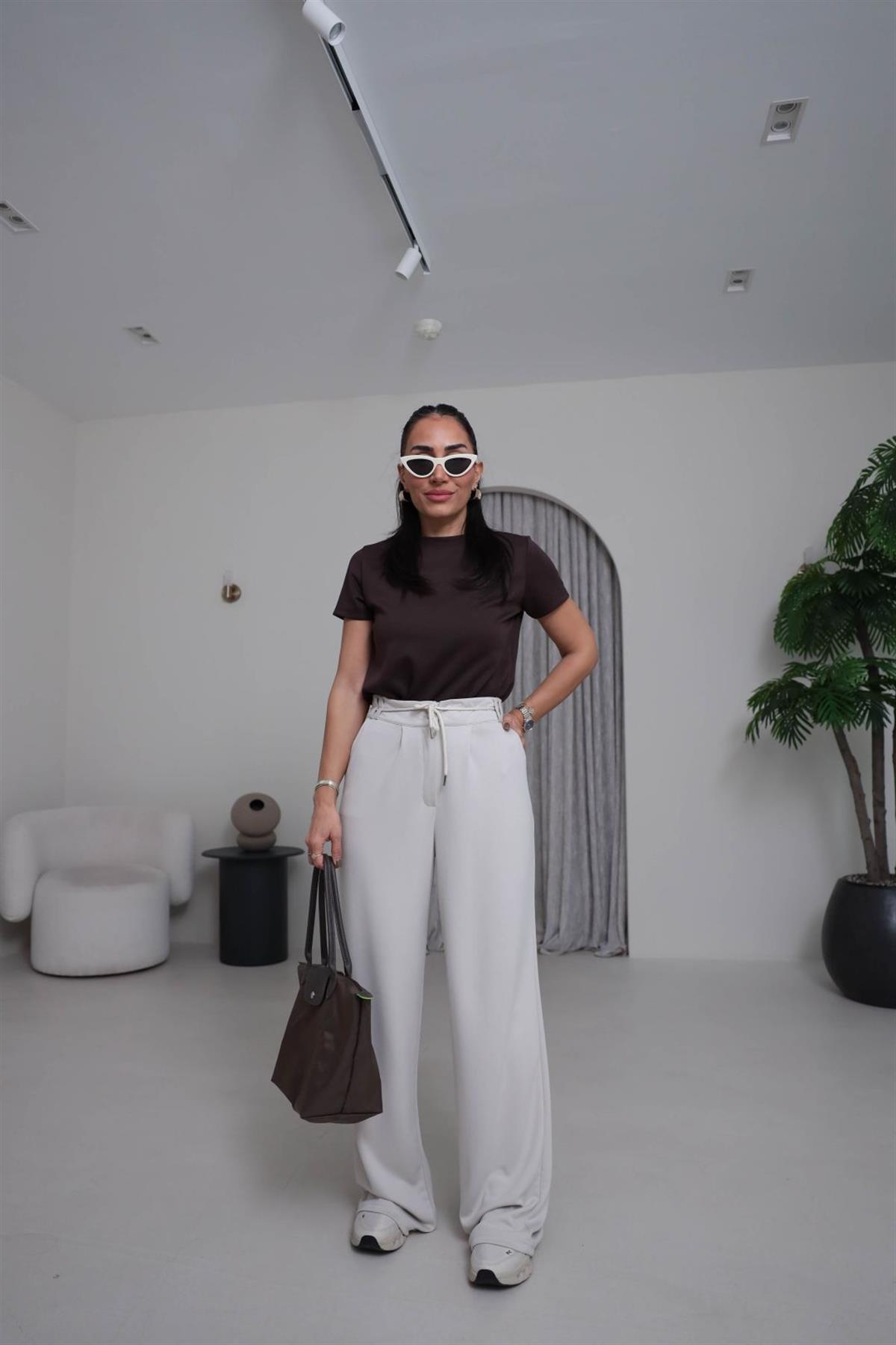 8009 Bel Lastikli İp Kemerli Oys Modal Pantolon BEJ