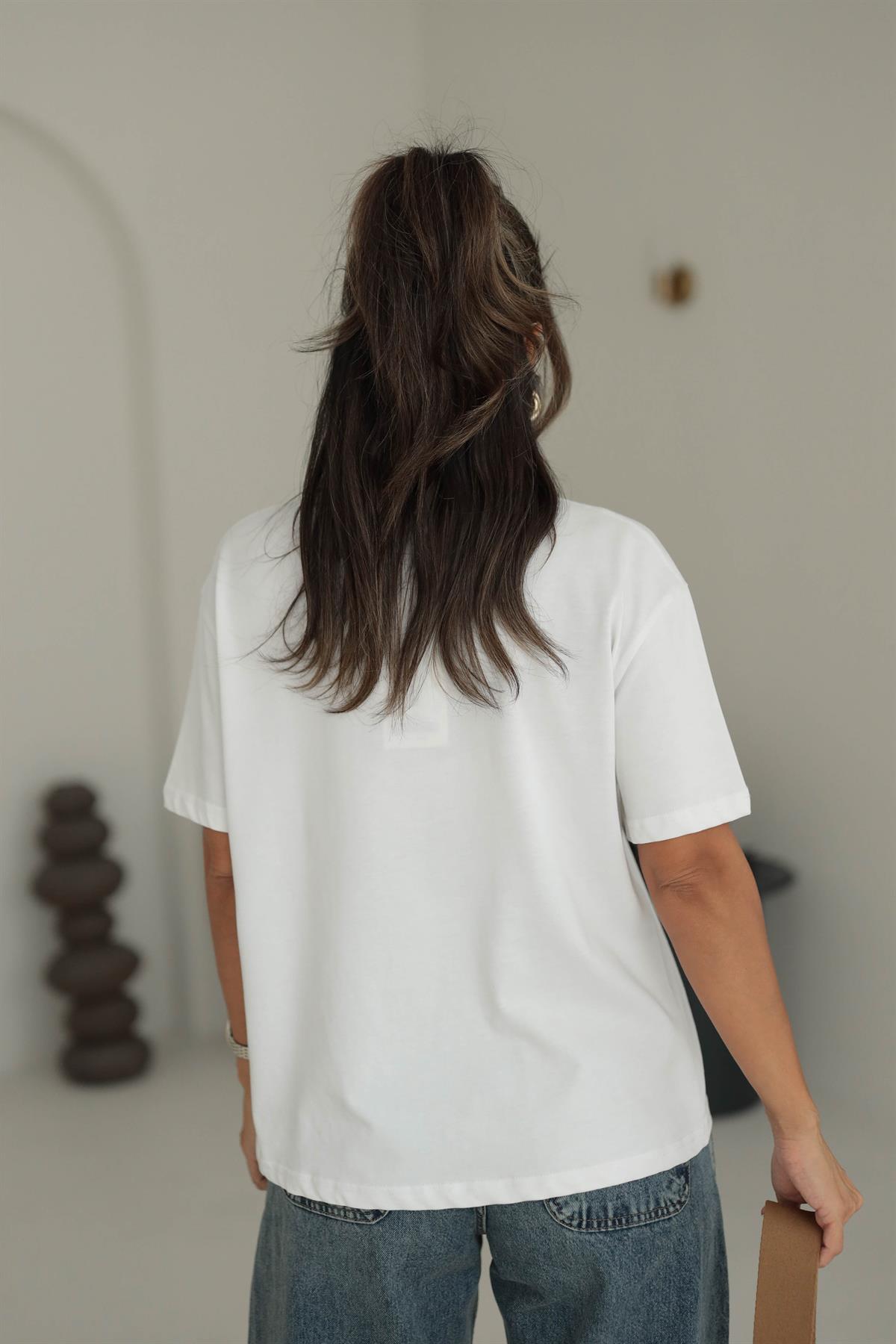 0312 Dekoratif Dikişli Pamuklu Tshirt EKRU