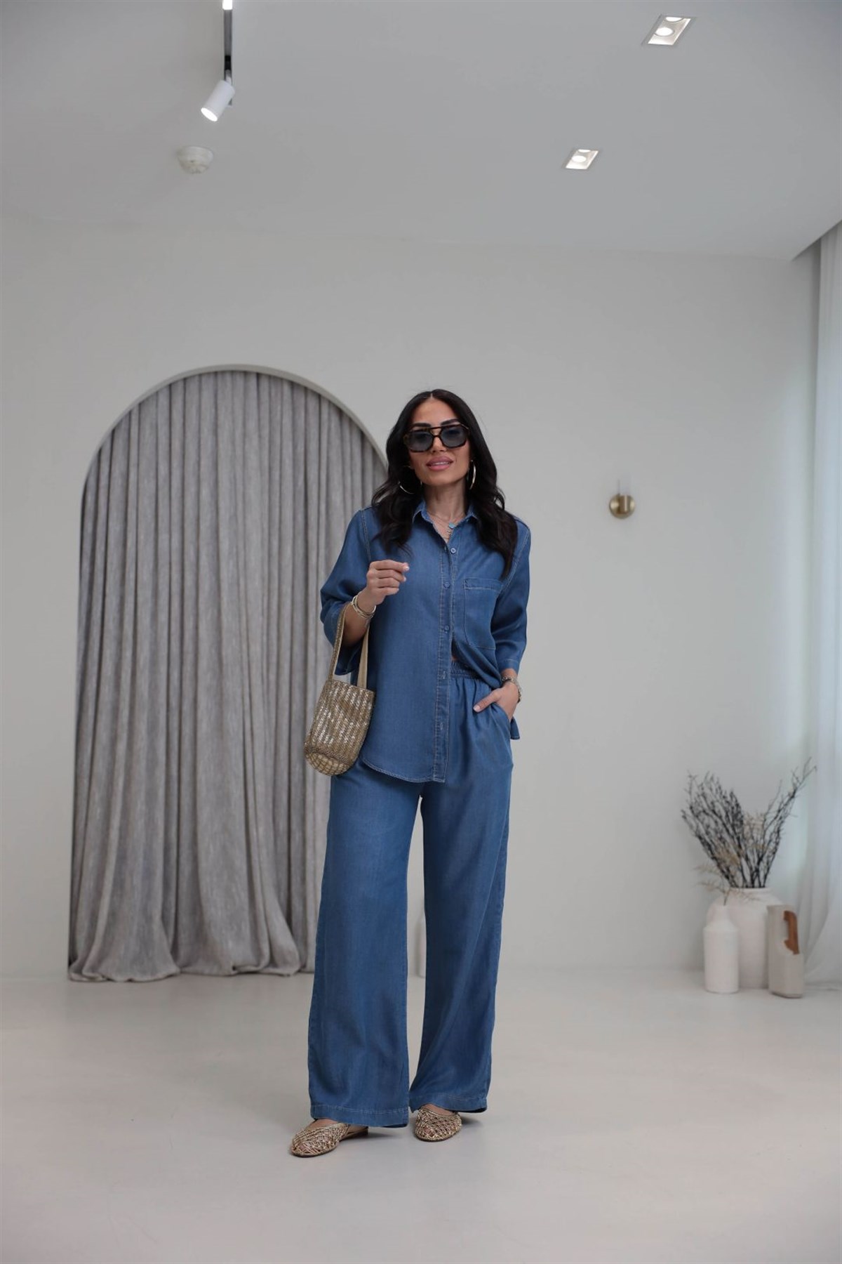 0926 Tencel Kumaş Gömlek ve Pantolon Takım KOYU MAVİ