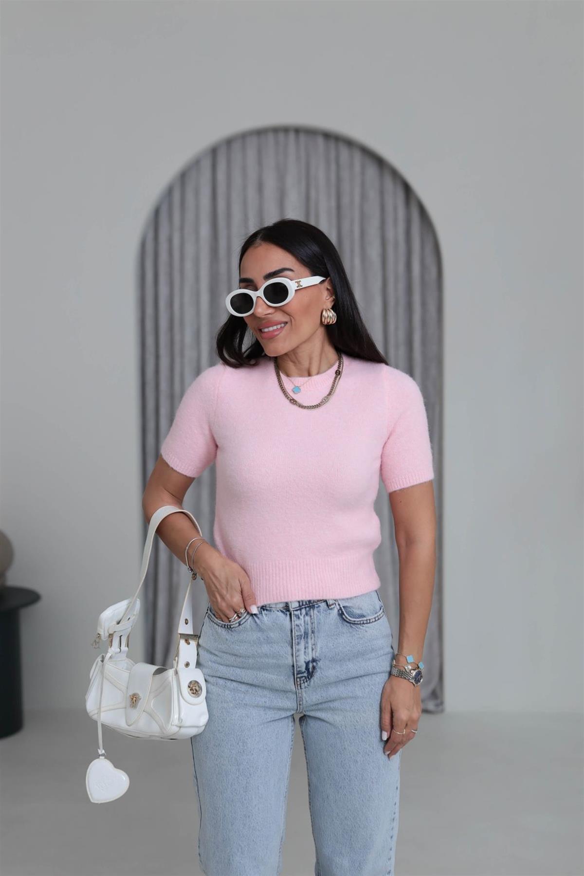 0651 Bisiklet Yaka Yumuşak Dokulu Kısa Kol Triko Kazak PEMBE