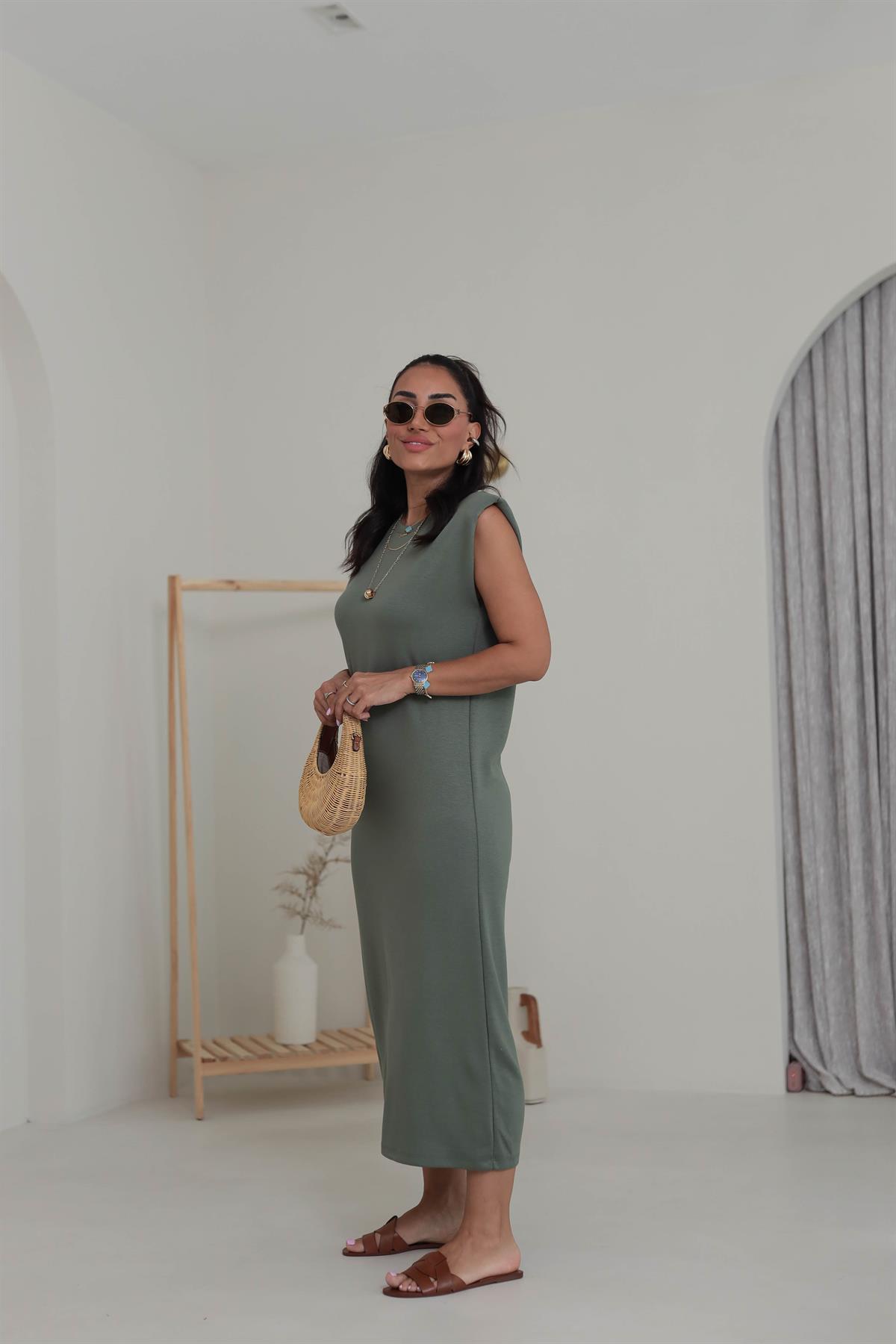 3316 Bisiklet Yaka Vatkalı Penye Modal Elbise HAKİ YEŞİL