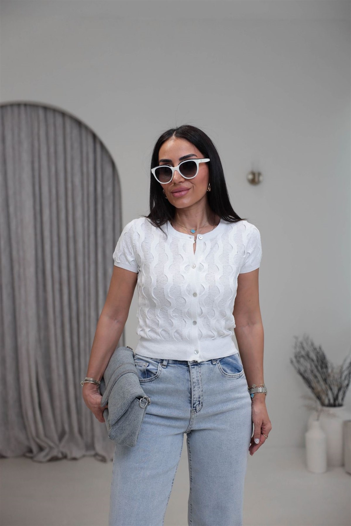 0980 Bisiklet Yaka Dokulu Düğmeli Triko EKRU