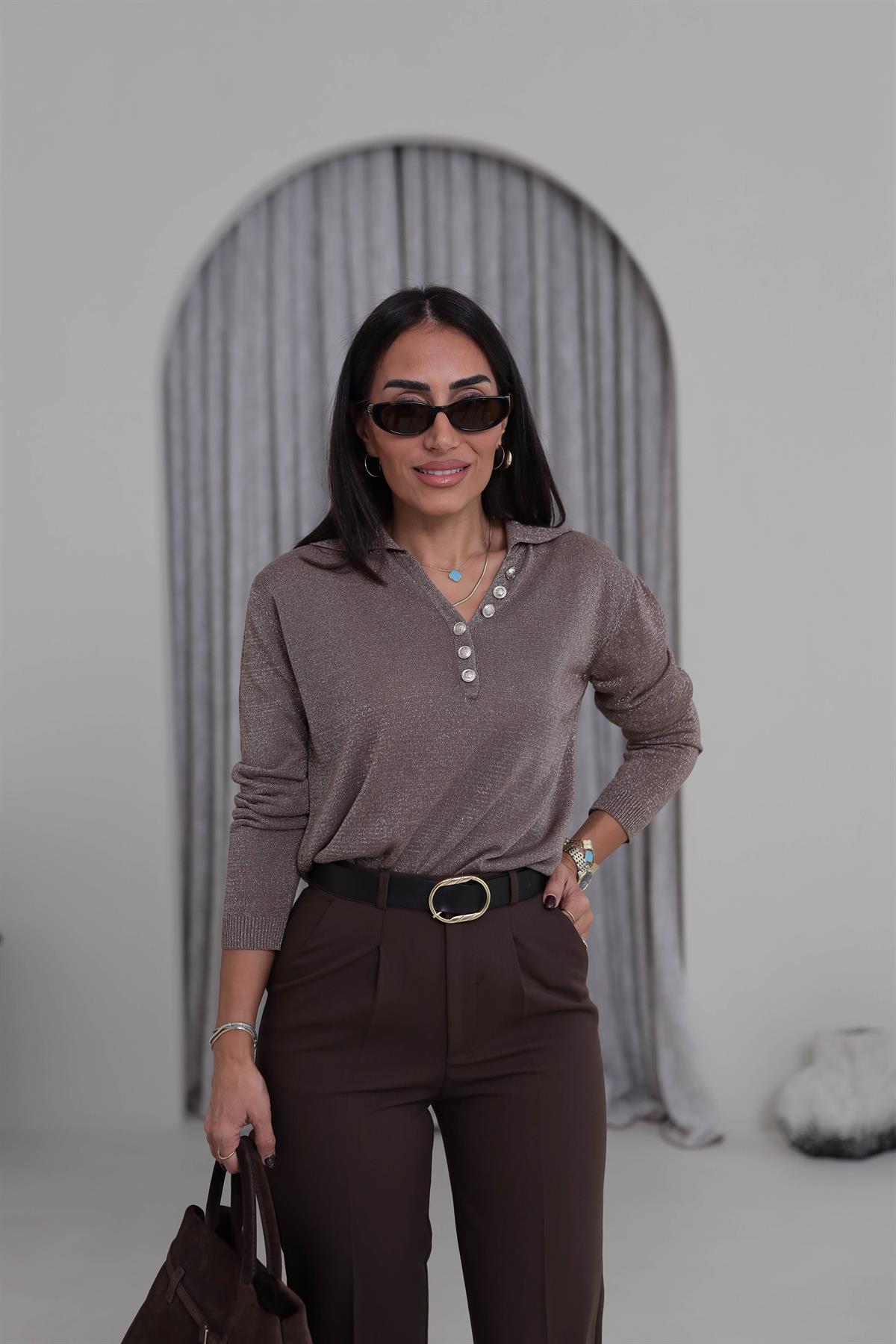 Simli Polo Yaka Bluz VİZON