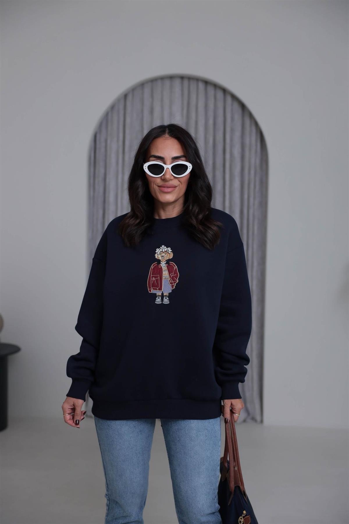 6910 Taşlı Aplikeli Şardonlu Sweatshirt LACİVERT