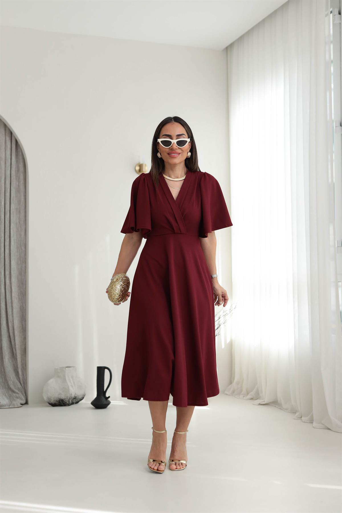 3707 Kol Volanlı Krvaze Yaka Midi Boy Elbise BORDO
