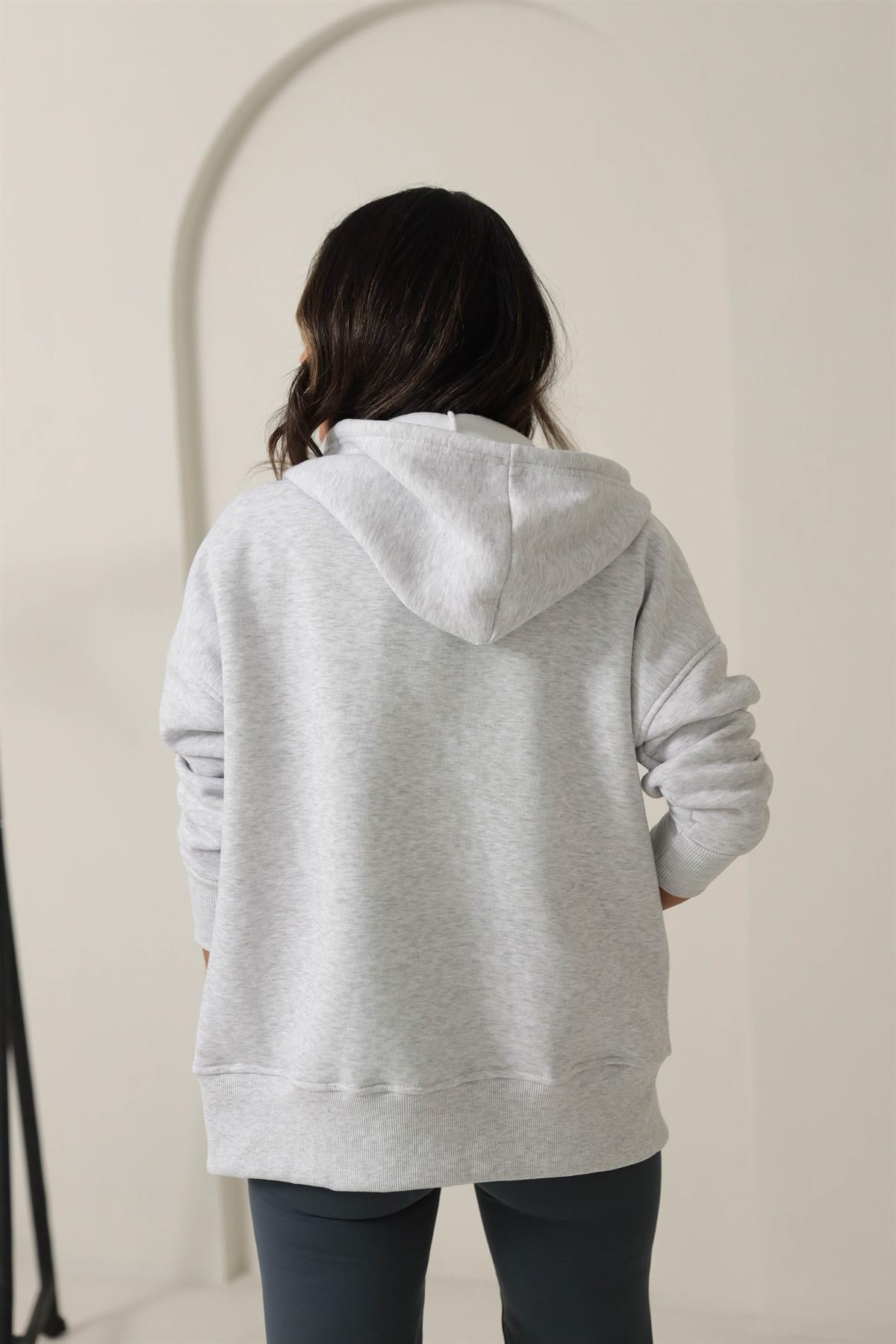 0068 Kapşonlu Fermuarlı Sweatshirt GRİ