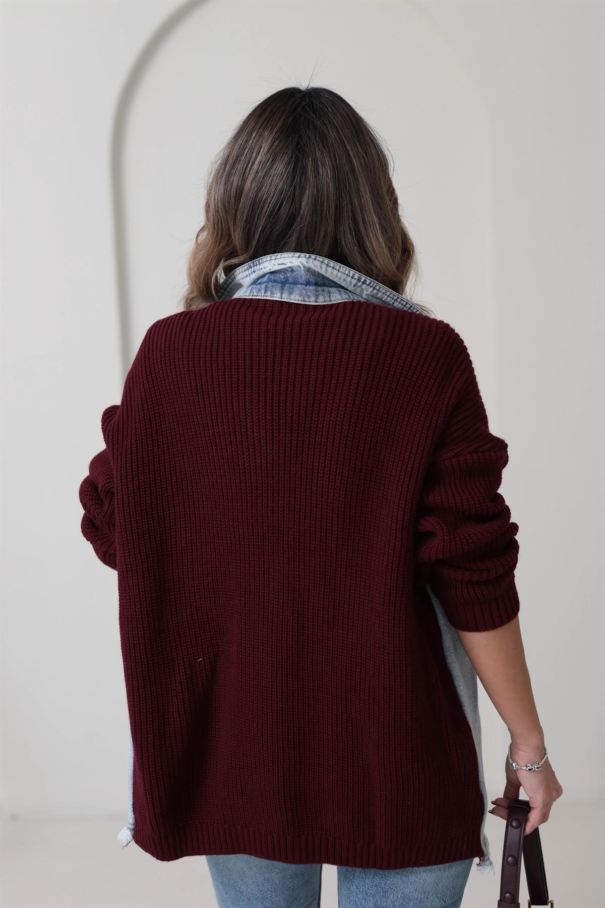 4113 Triko Garnili Oversize Ceket BORDO