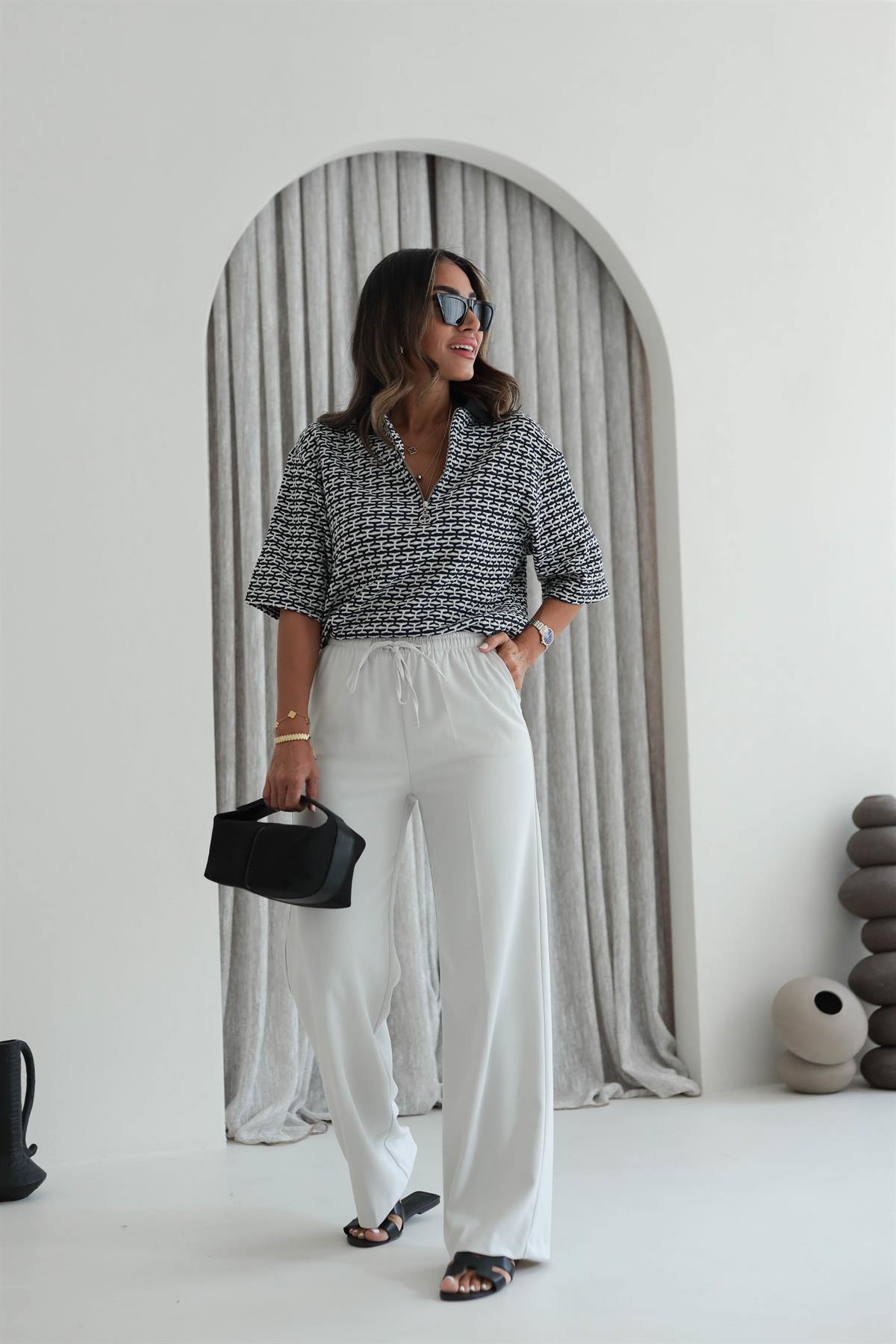 6054 Kemeri Lastikli Dokuma Kumaş Pantolon TAŞ