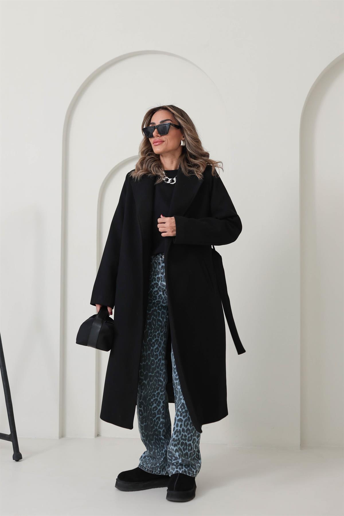 9350 Kuşaklı Kaşe Kaban SİYAH