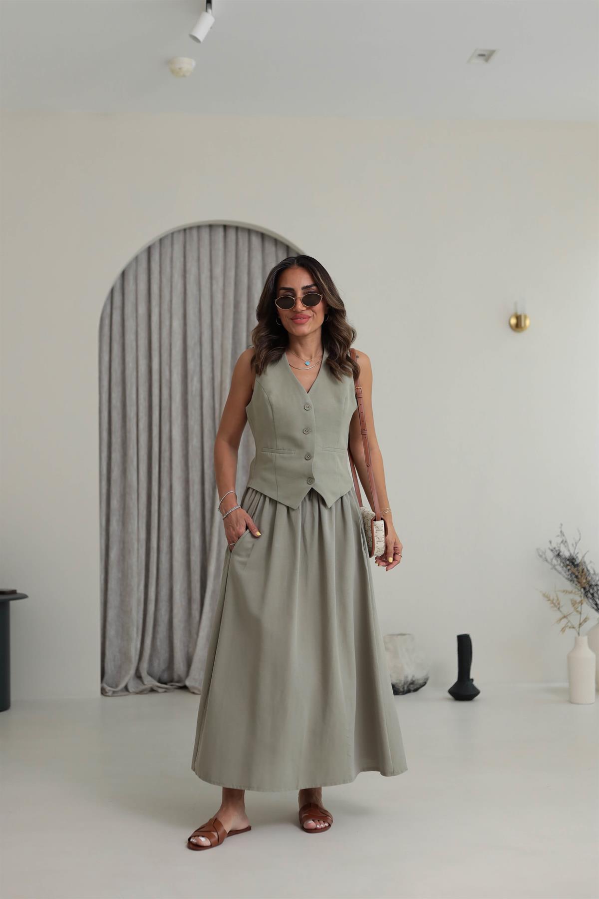 7730 Cepli Beli Lastikli Midi Etek HAKİ YEŞİL