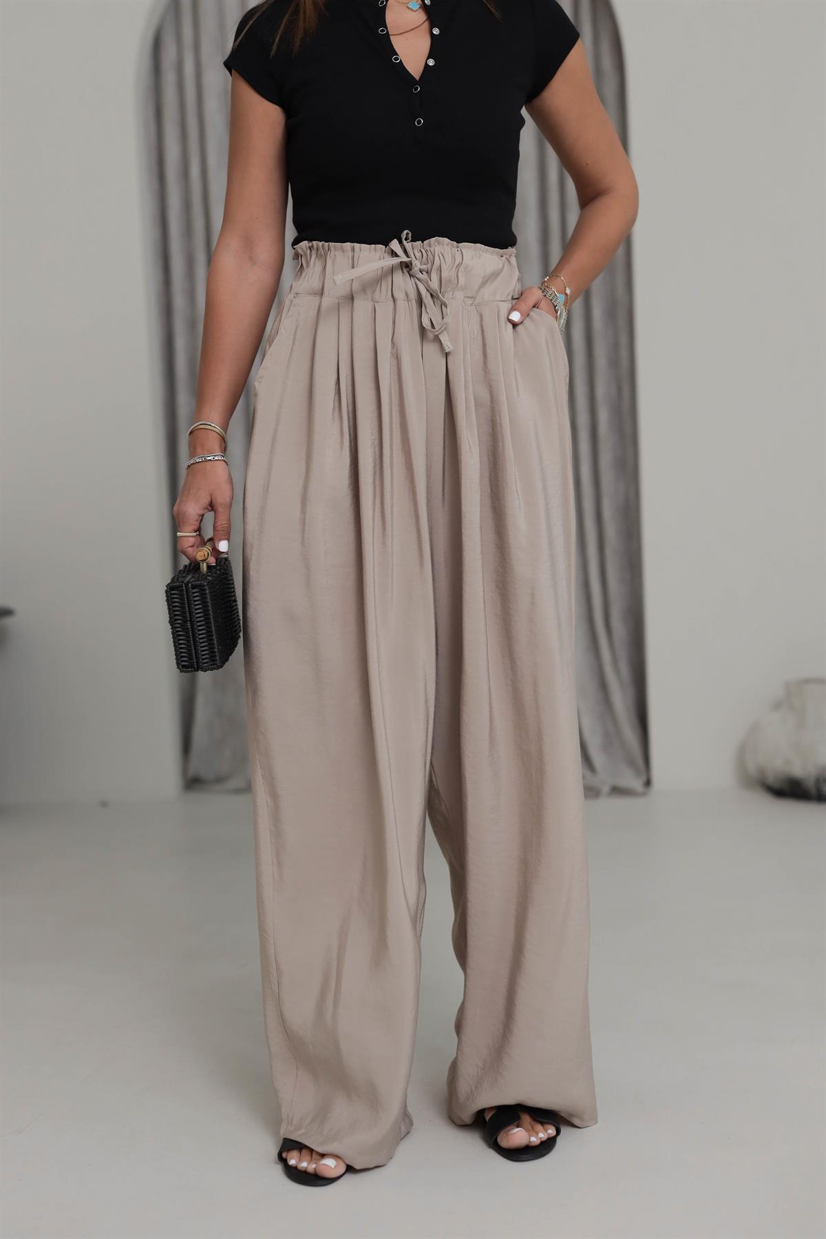 0165 Yüksek Bel Lastikli Bol Paça Tencel  Pantolon BEJ