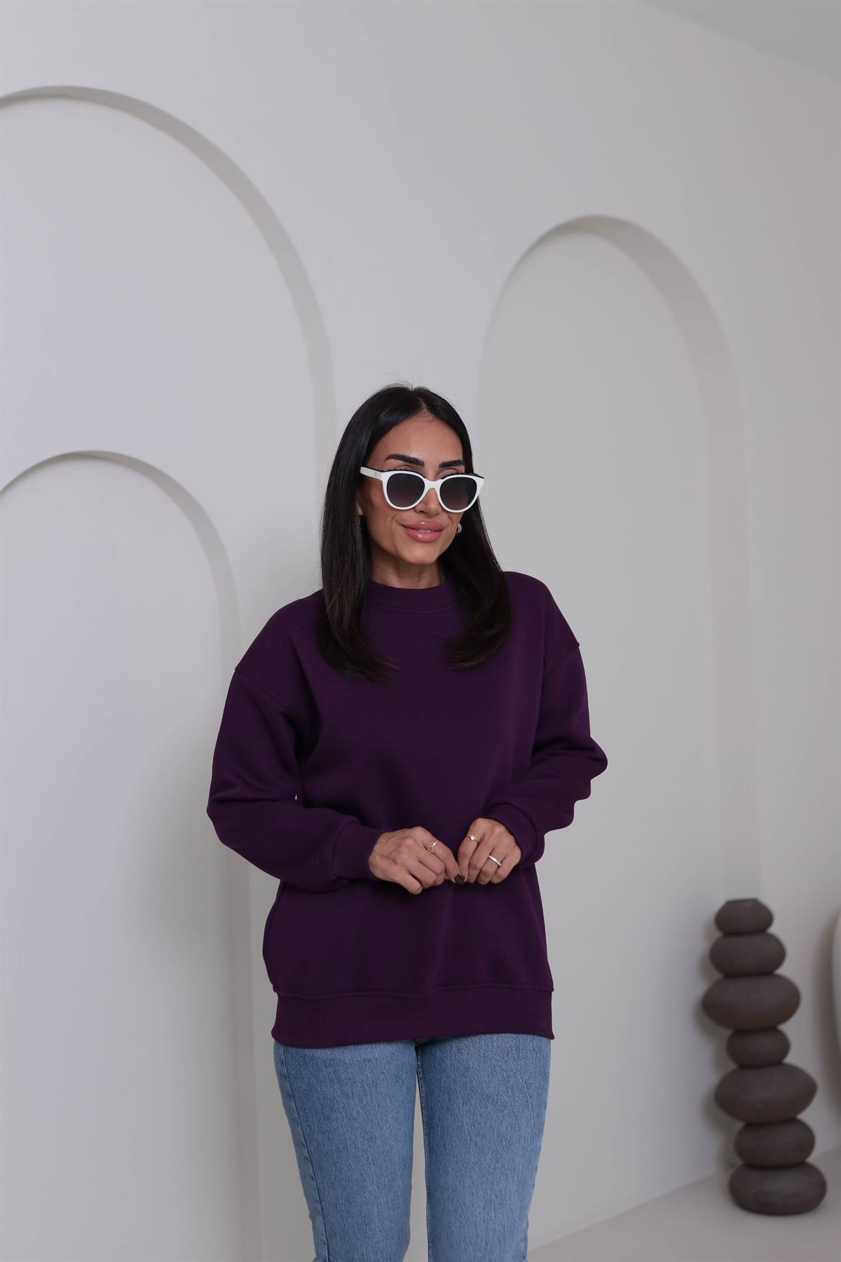 7912 Bisiklet Yaka Şardonlu Sweatshirt MOR