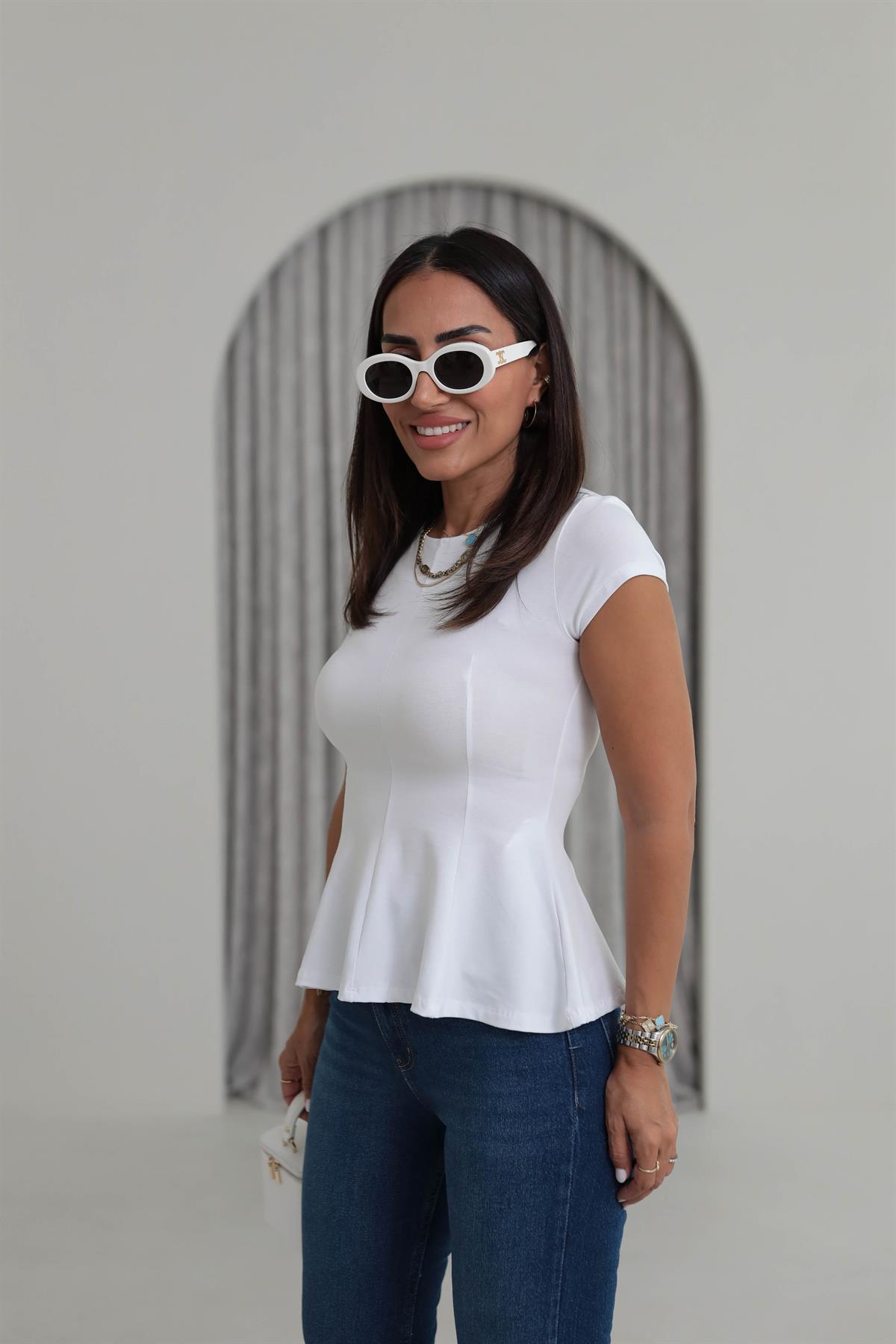 1992 Bisiklet Yaka Kısa Kol Peplum Tshirt BEYAZ