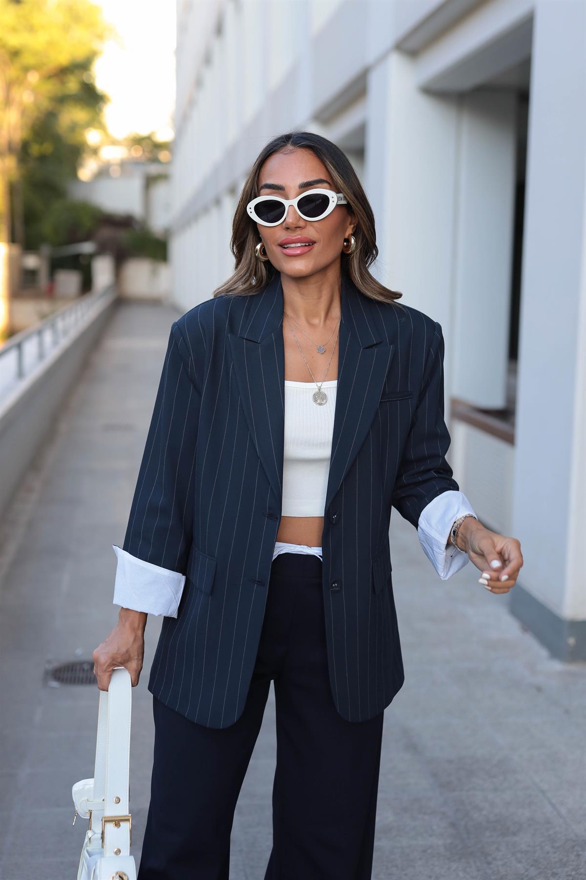 6176 Çizgili Çift Düğme Kolları Katlamalı Ceket LACİVERT