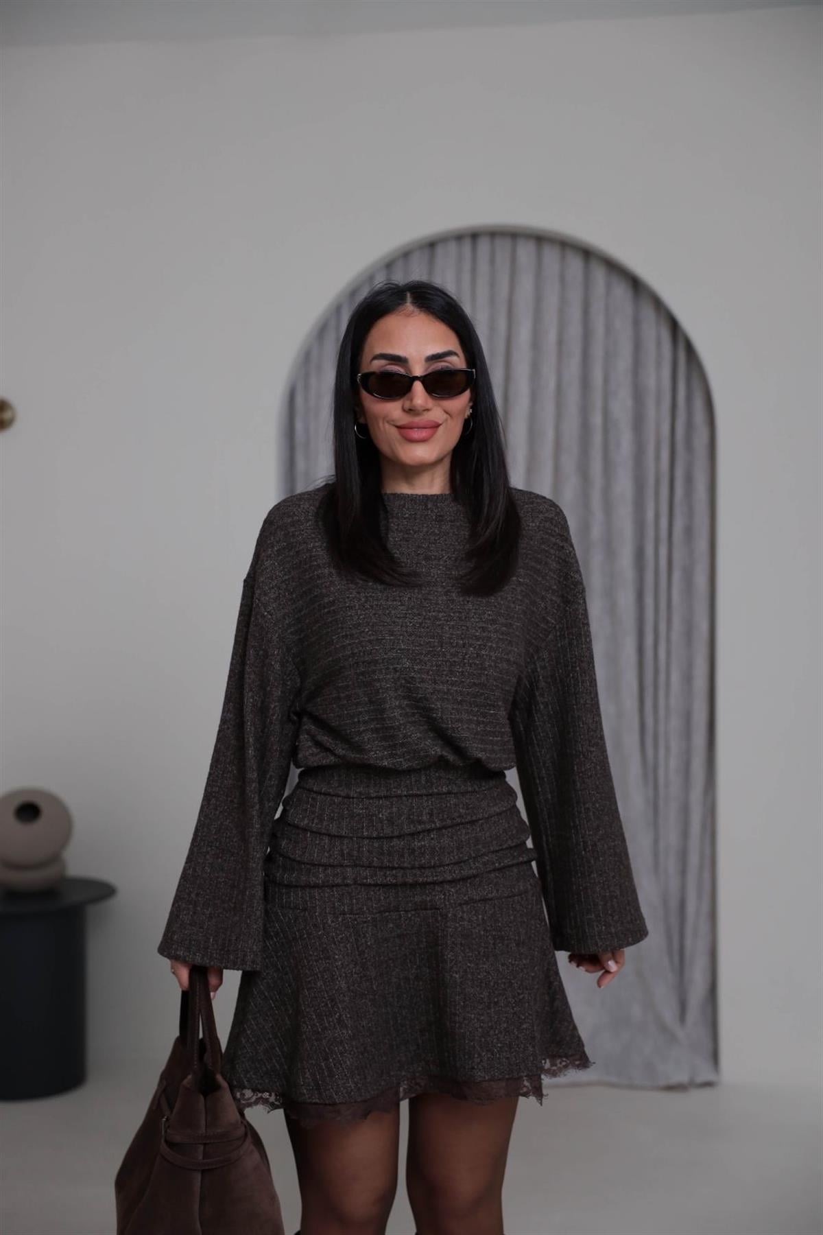 5527 Bel Drapeli Etek Ucu Dantelli Elbise KAHVE